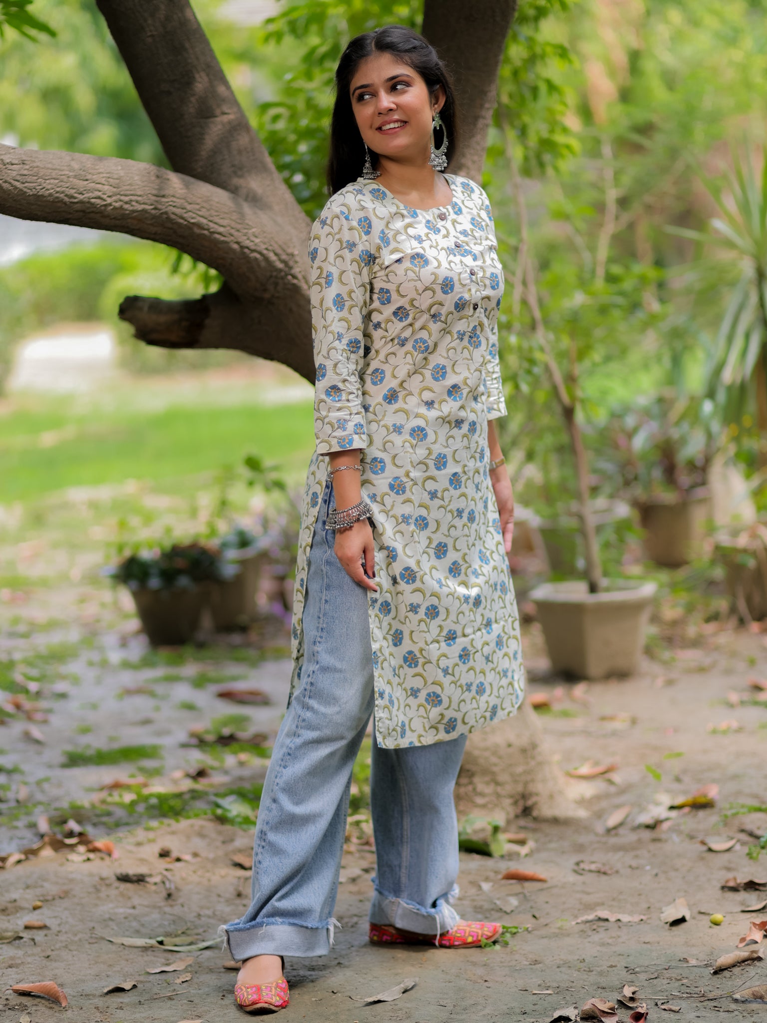Readymade Floral Print Cotton Kurti- Off White