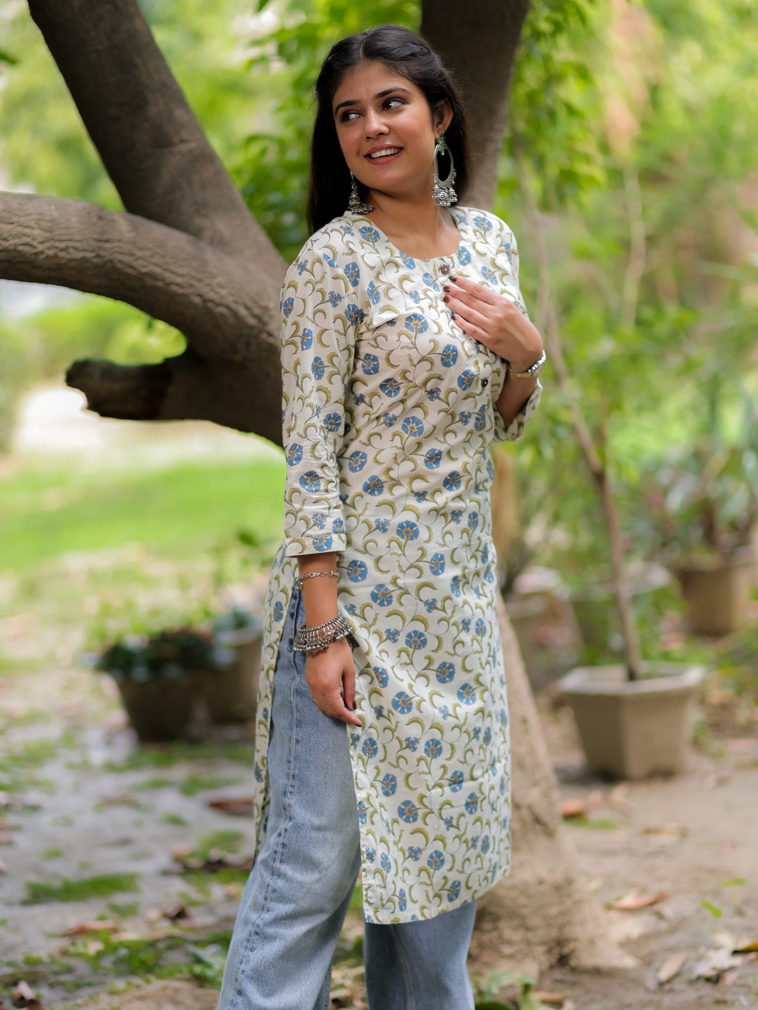 Readymade Floral Print Cotton Kurti- Off White