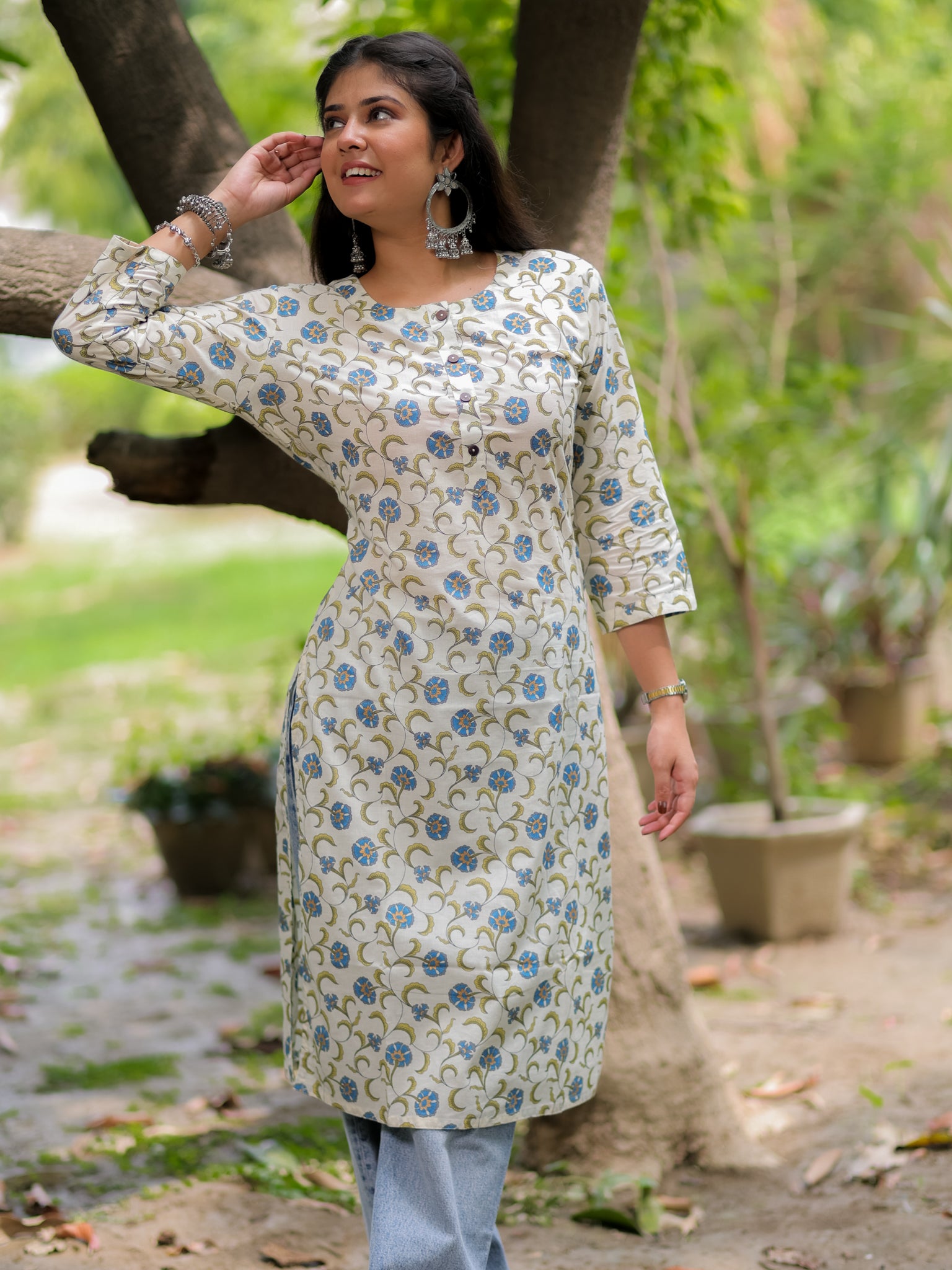 Readymade Floral Print Cotton Kurti- Off White