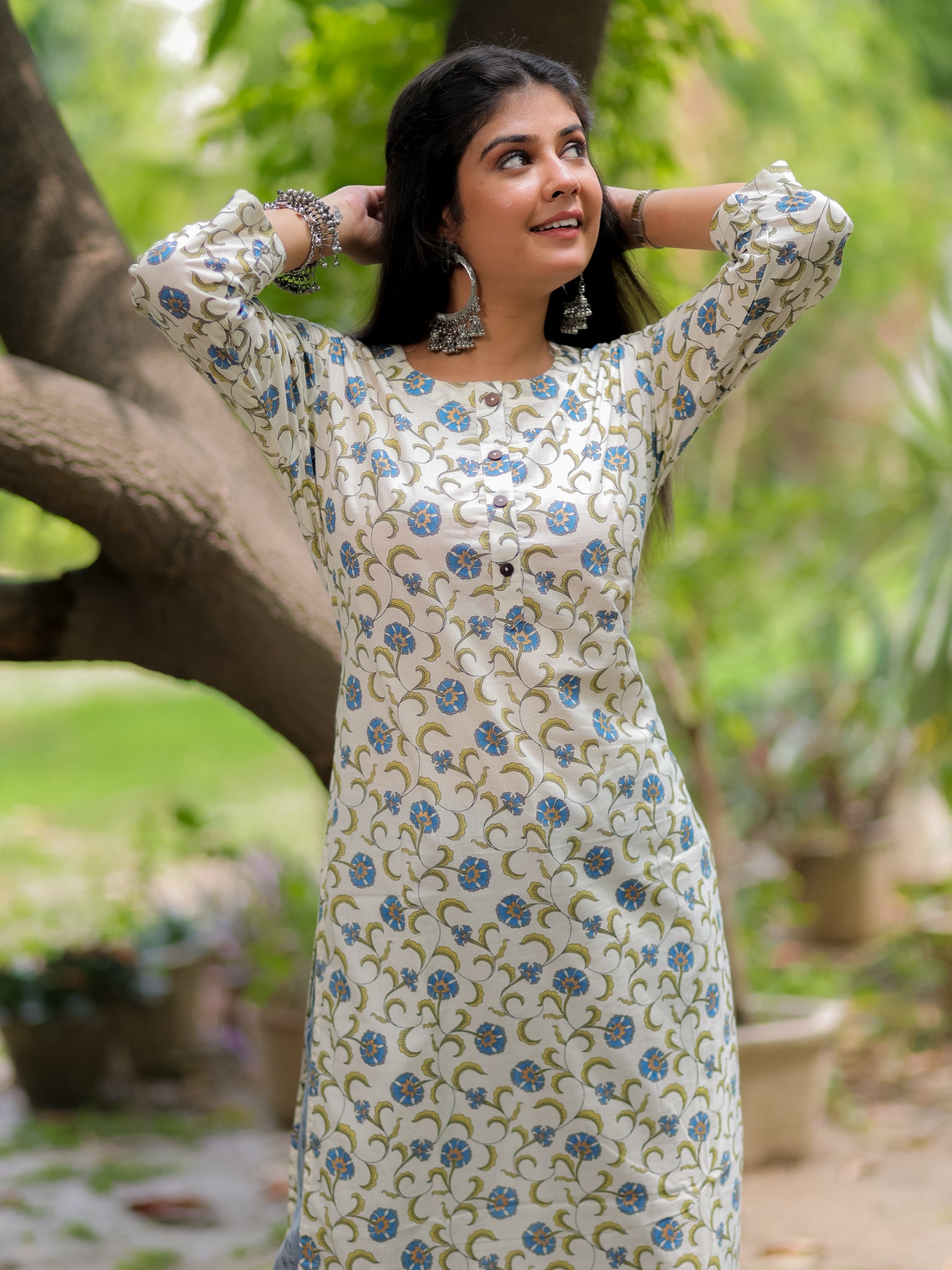 Readymade Floral Print Cotton Kurti- Off White