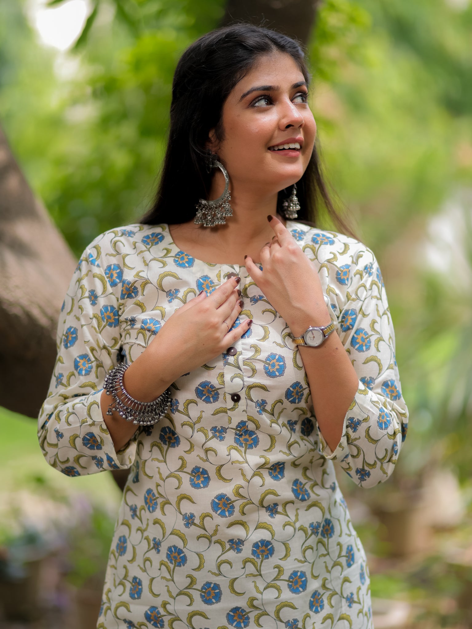 Readymade Floral Print Cotton Kurti- Off White