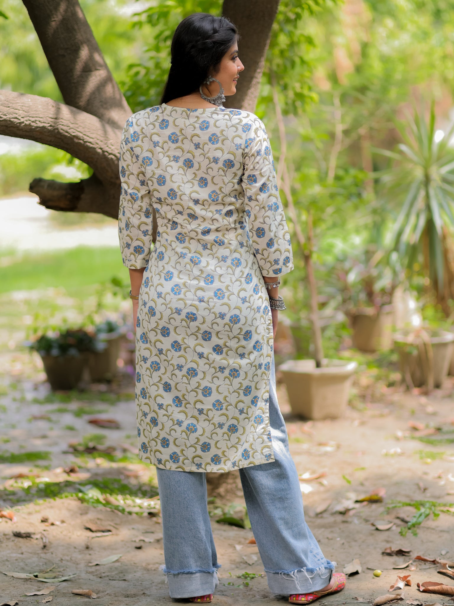 Readymade Floral Print Cotton Kurti- Off White