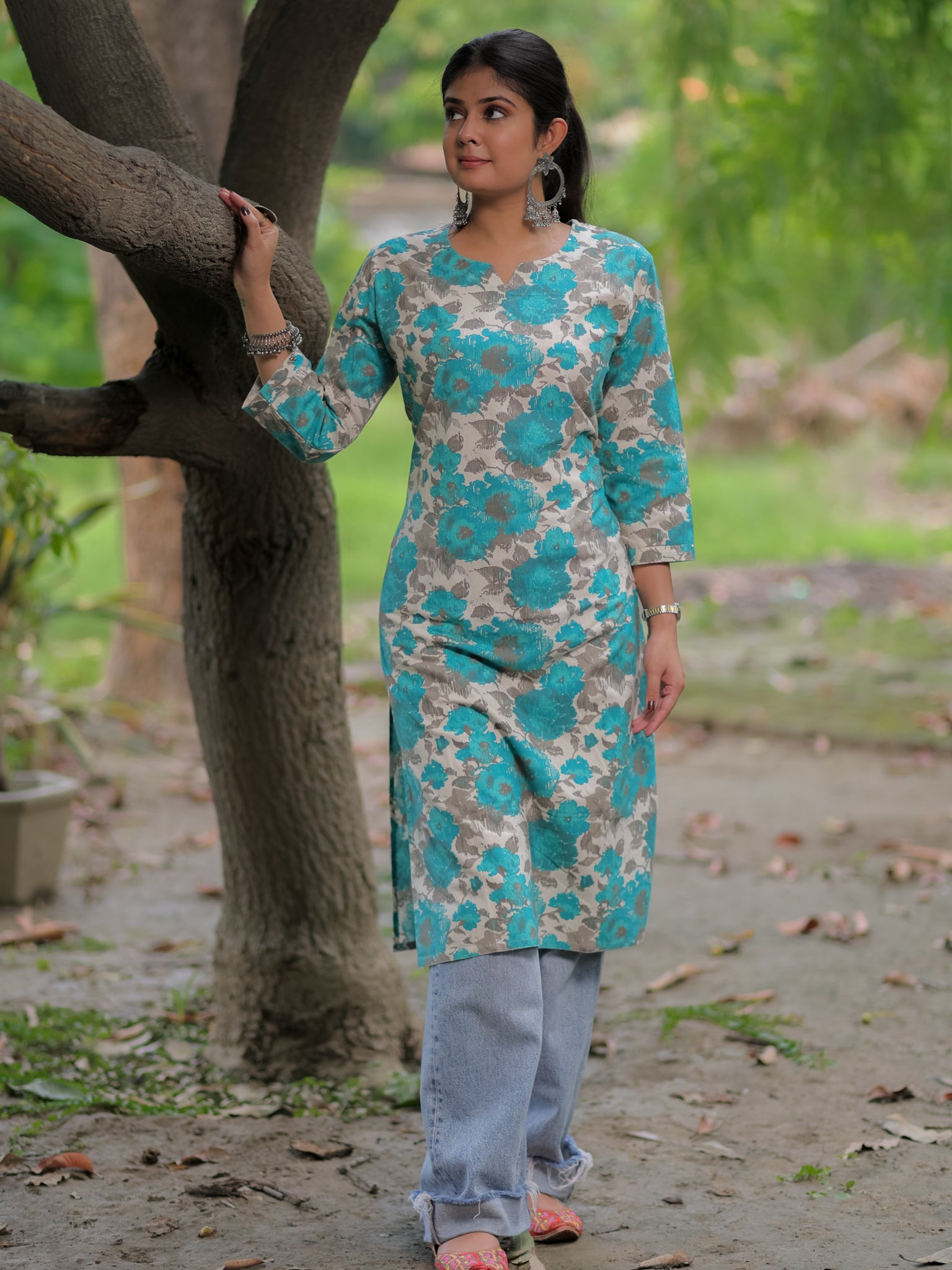 Readymade Floral Print Cotton Kurti- Sky Blue