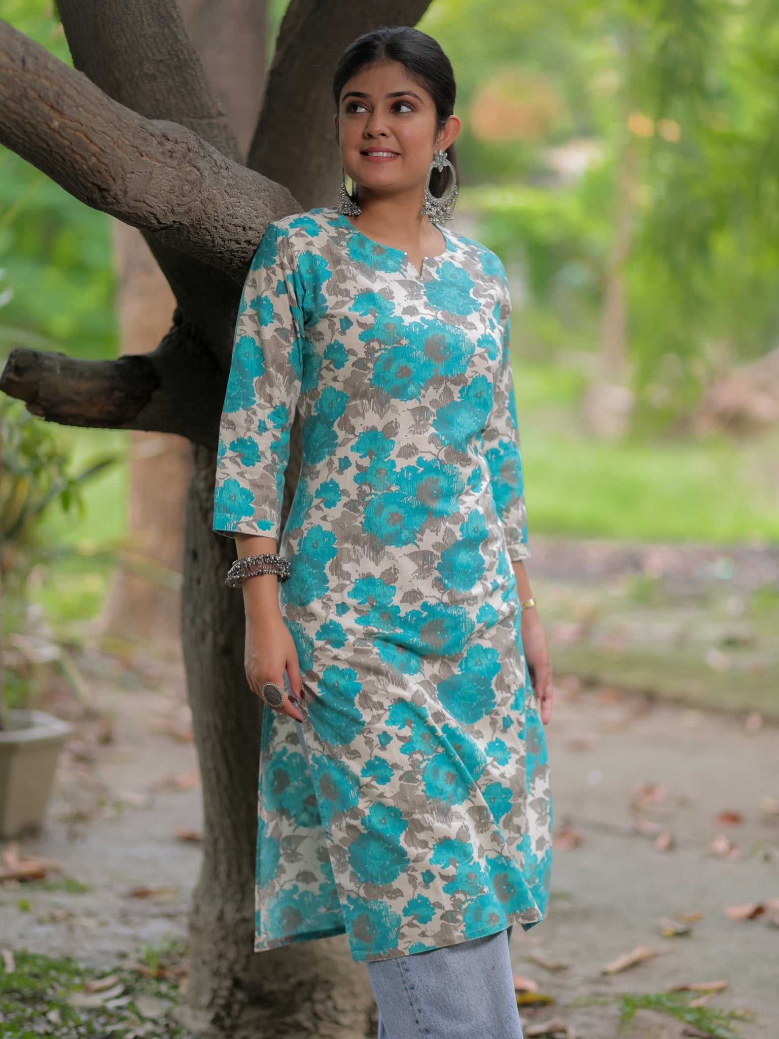 Readymade Floral Print Cotton Kurti- Sky Blue