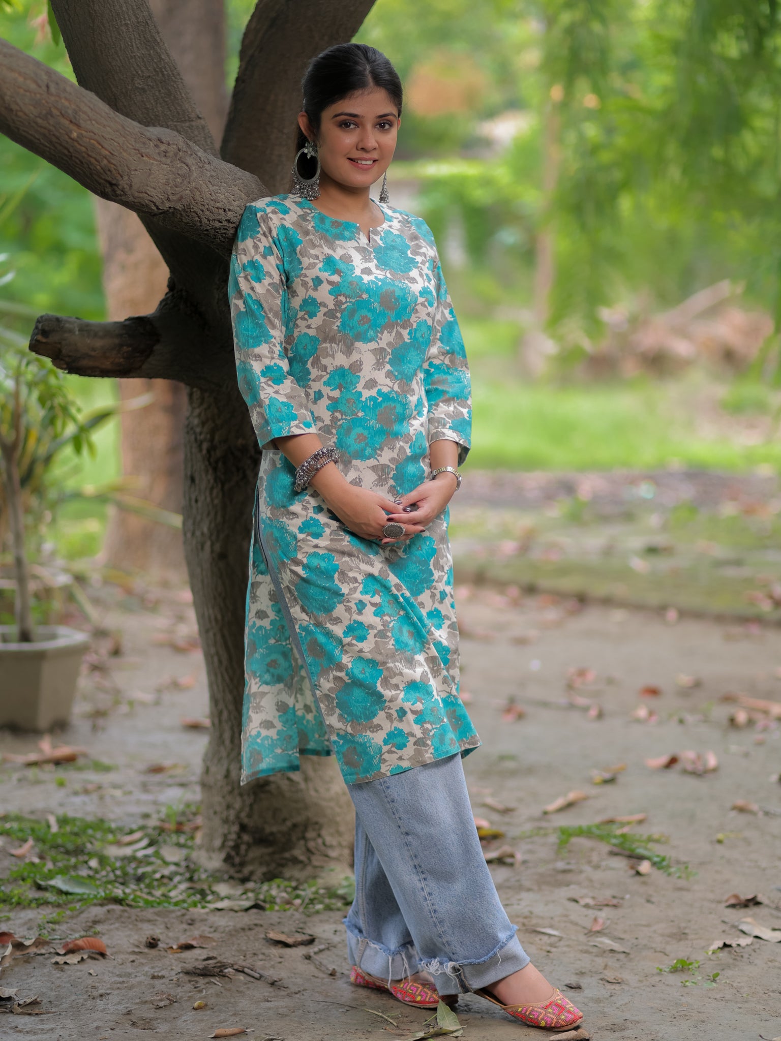 Readymade Floral Print Cotton Kurti- Sky Blue