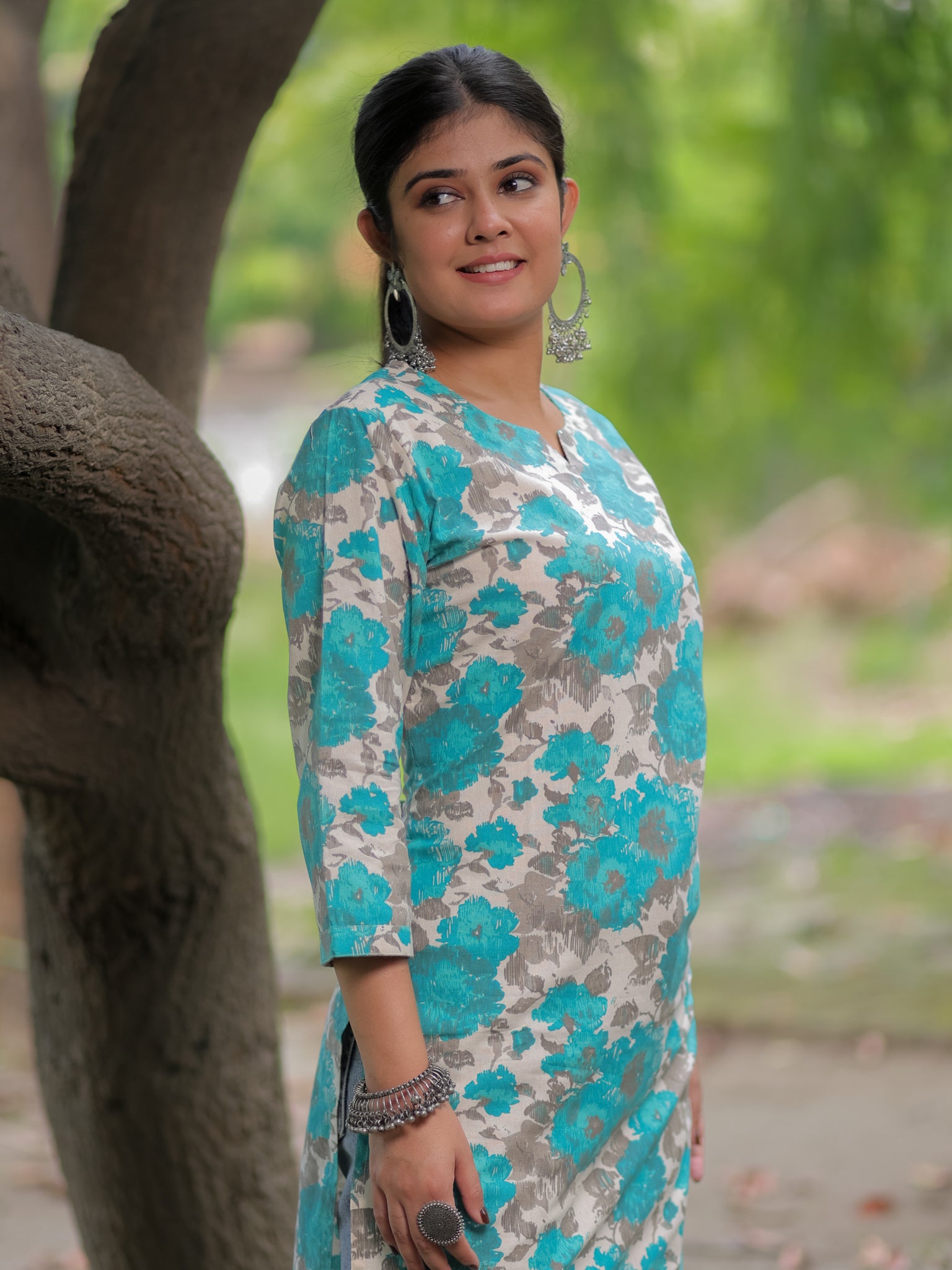 Readymade Floral Print Cotton Kurti- Sky Blue