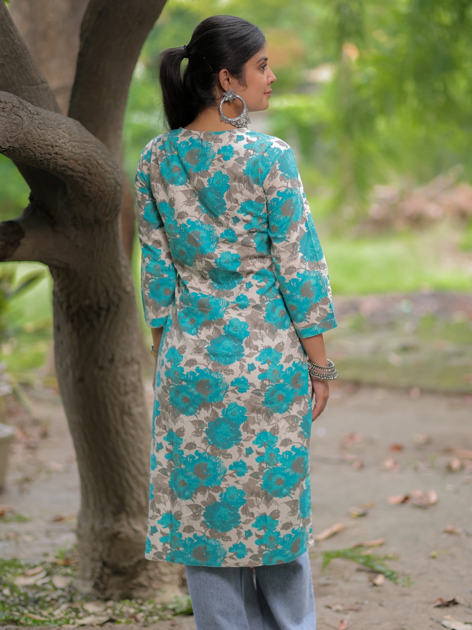 Readymade Floral Print Cotton Kurti- Sky Blue