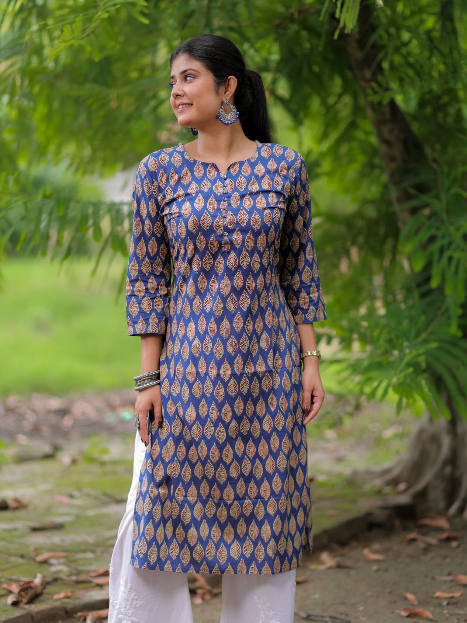 Readymade Block Print Cotton Kurti- Blue