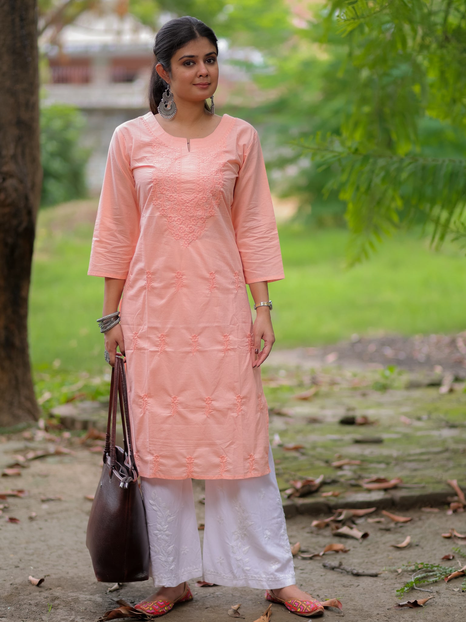 Readymade Embroidered Cotton Kurti- Peach