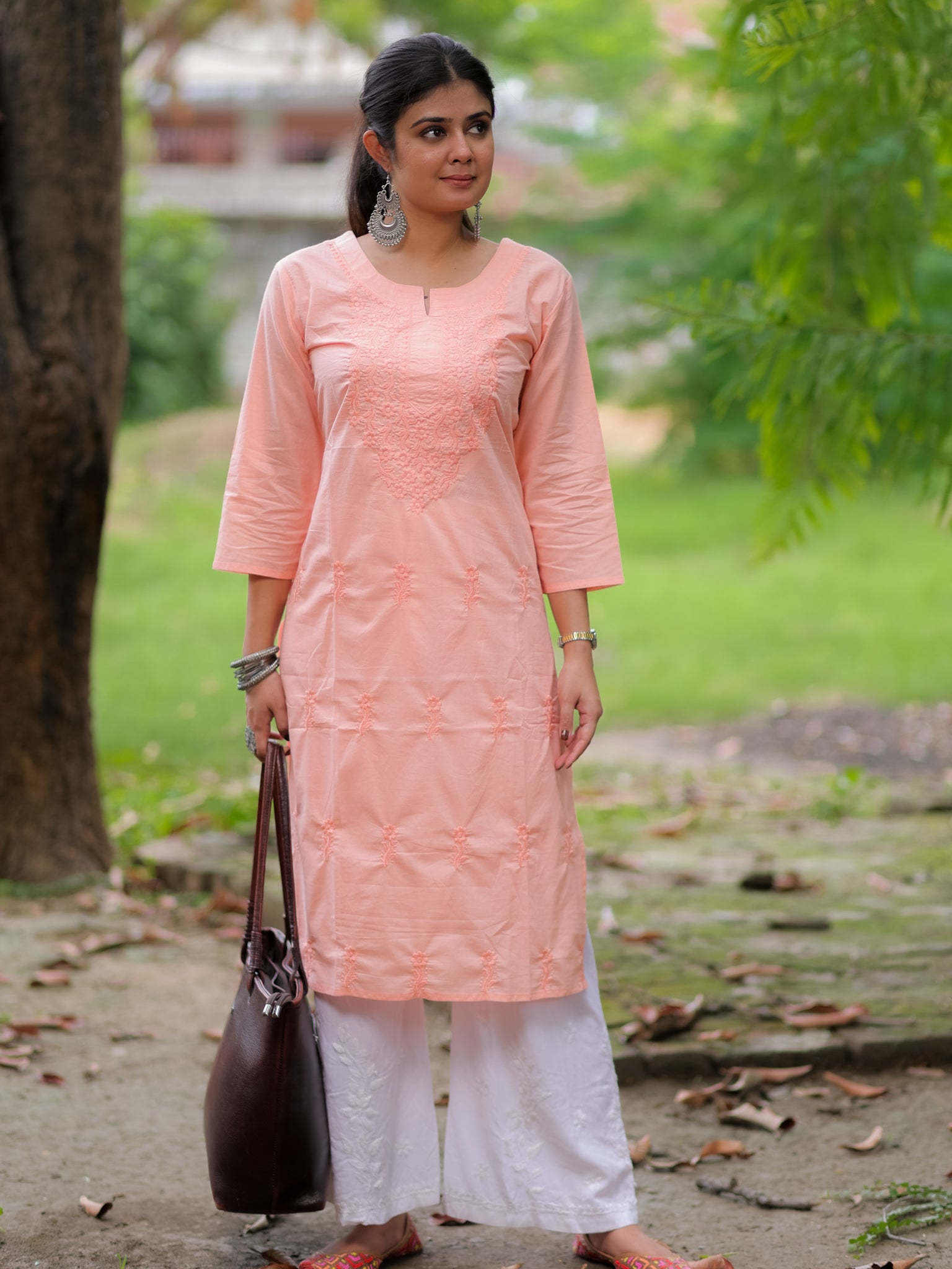 Readymade Embroidered Cotton Kurti- Peach