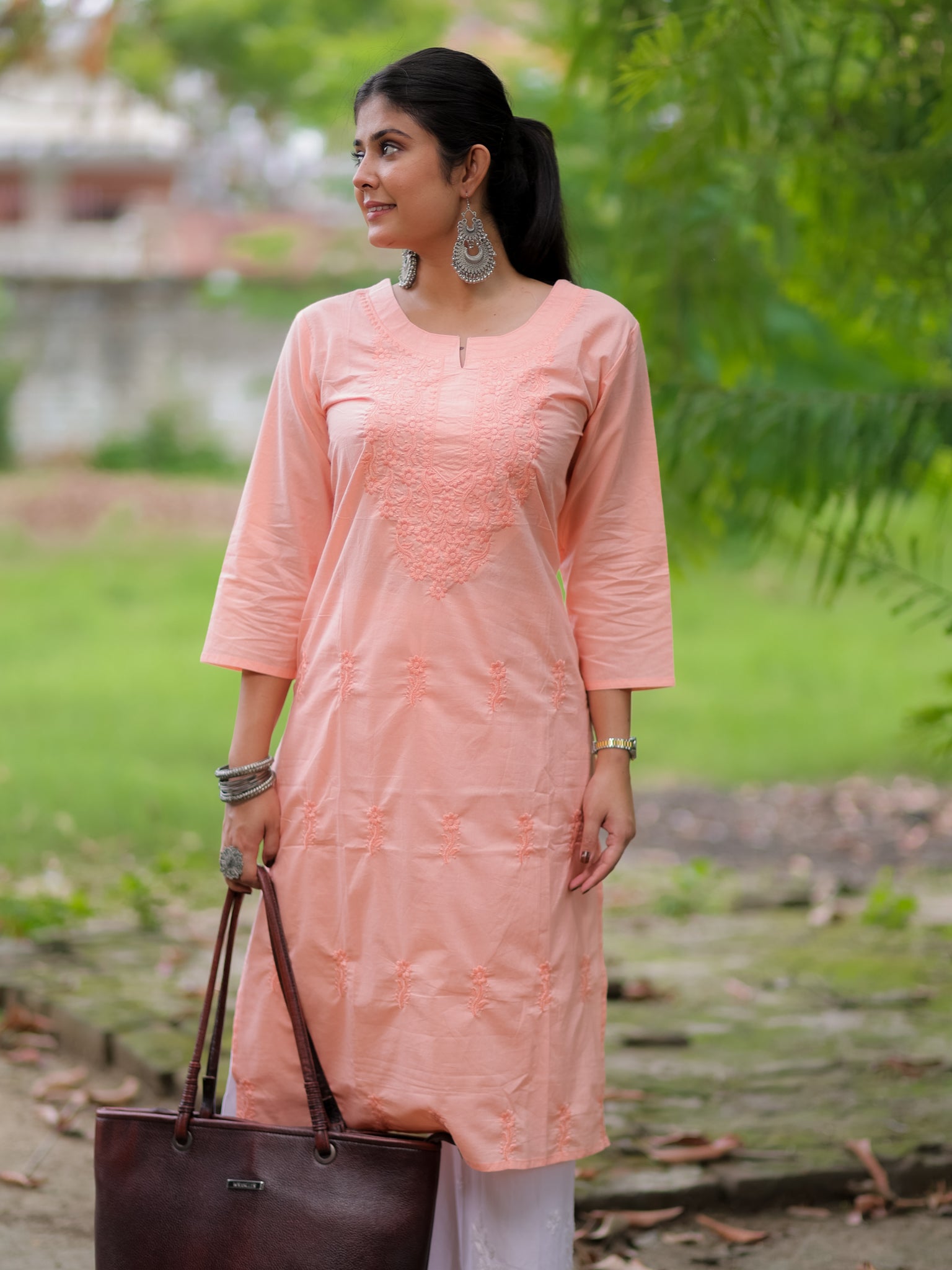 Readymade Embroidered Cotton Kurti- Peach
