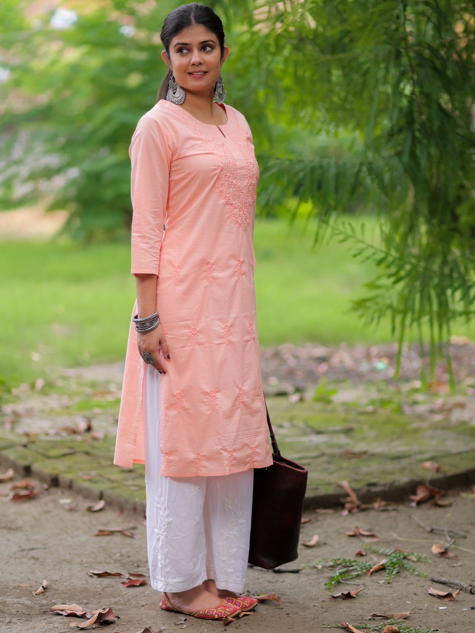 Readymade Embroidered Cotton Kurti- Peach