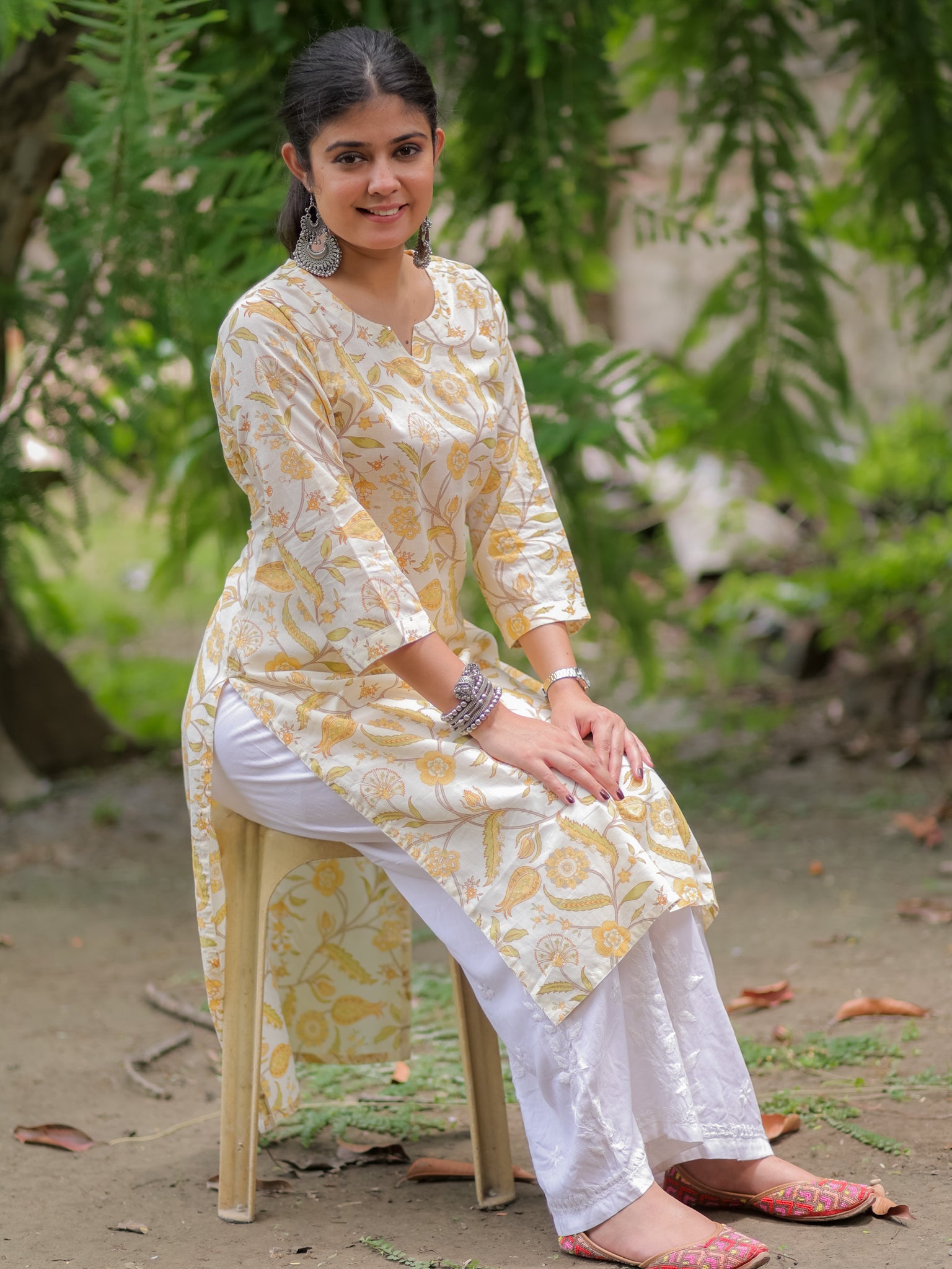 Readymade Floral Print Cotton Kurti- Off White