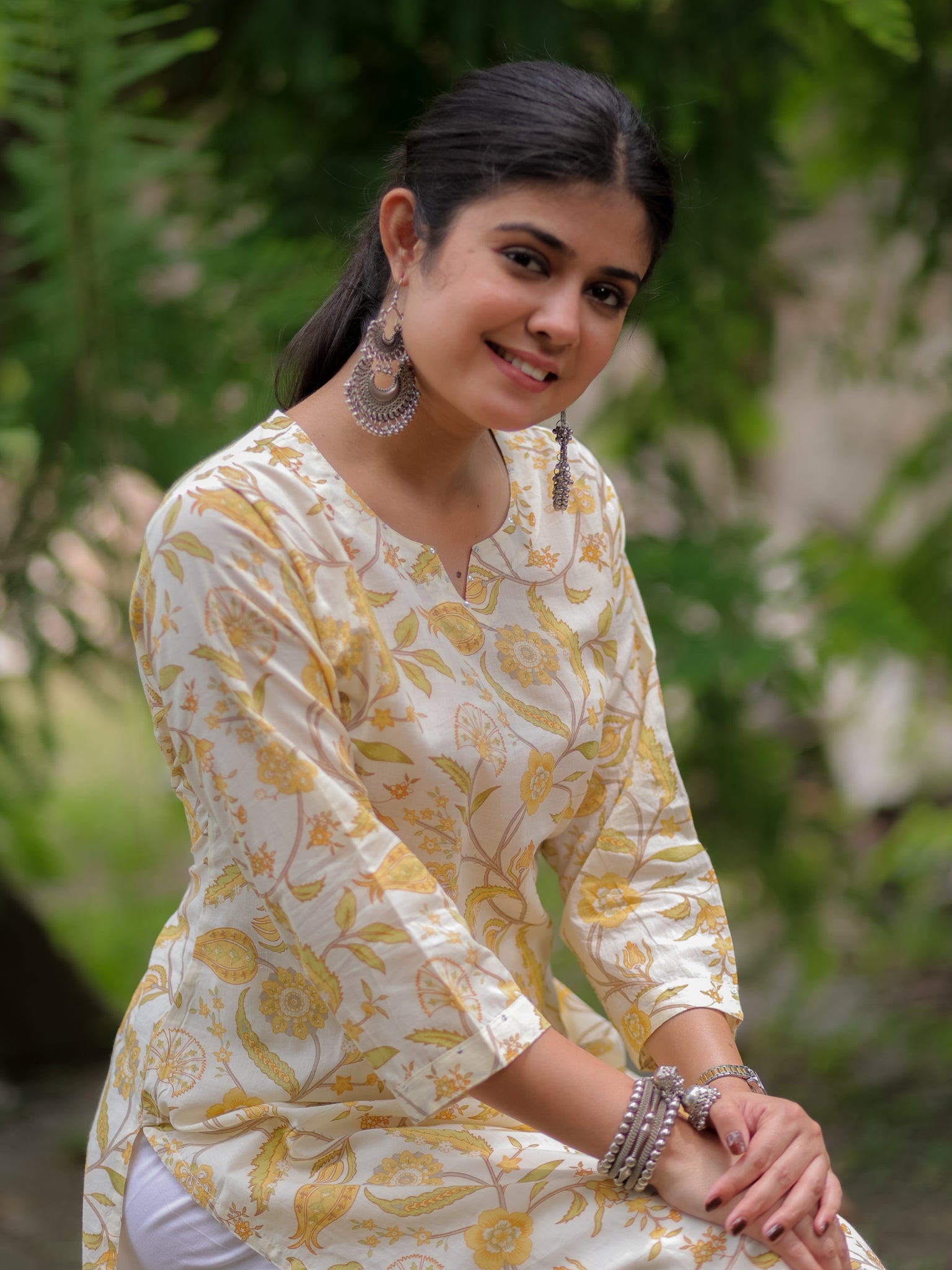 Readymade Floral Print Cotton Kurti- Off White