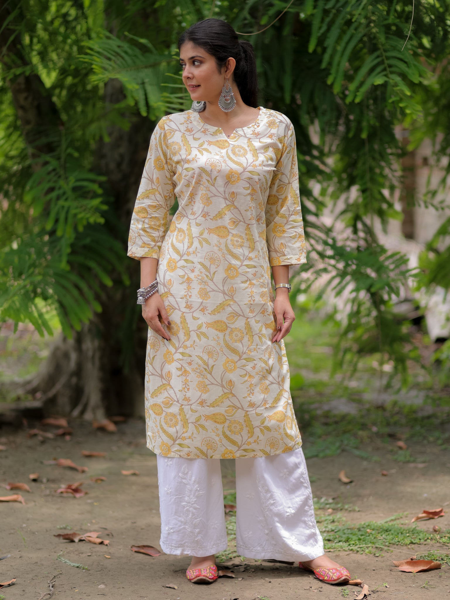 Readymade Floral Print Cotton Kurti- Off White