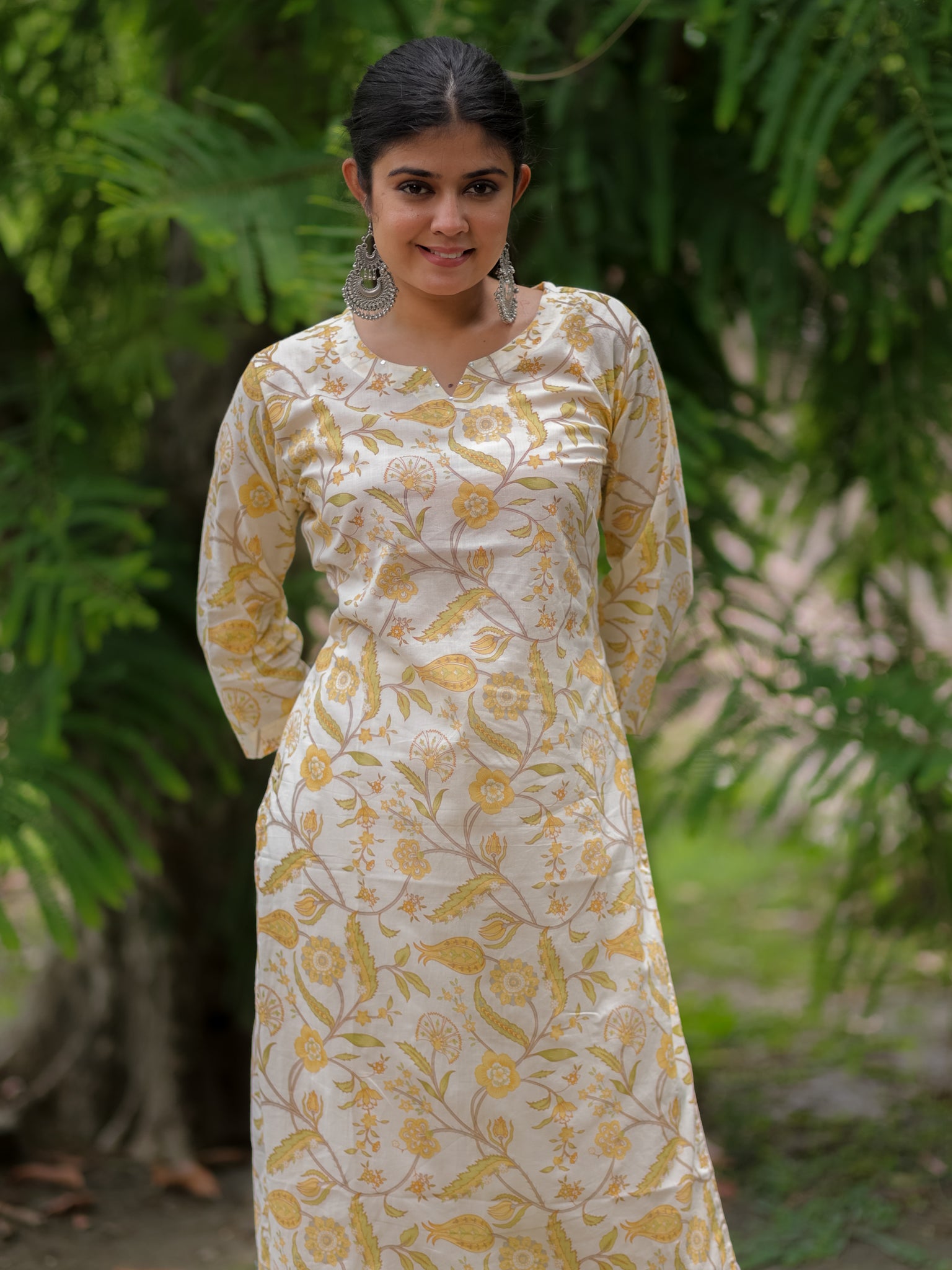 Readymade Floral Print Cotton Kurti- Off White