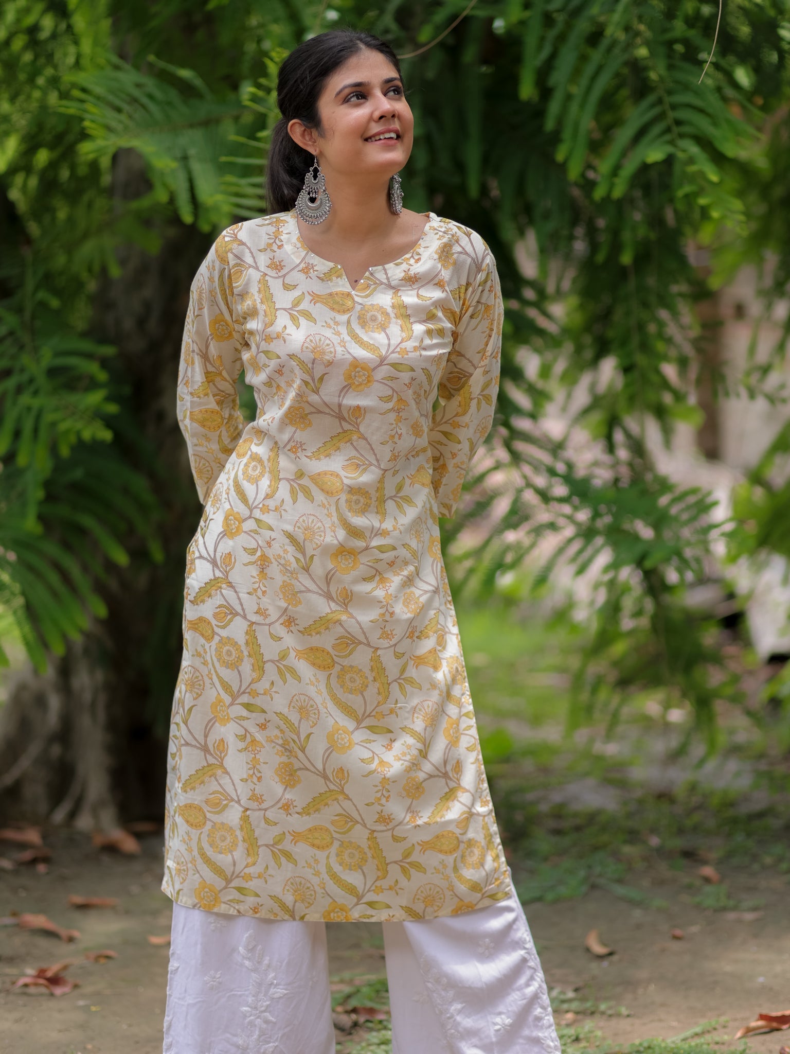 Readymade Floral Print Cotton Kurti- Off White
