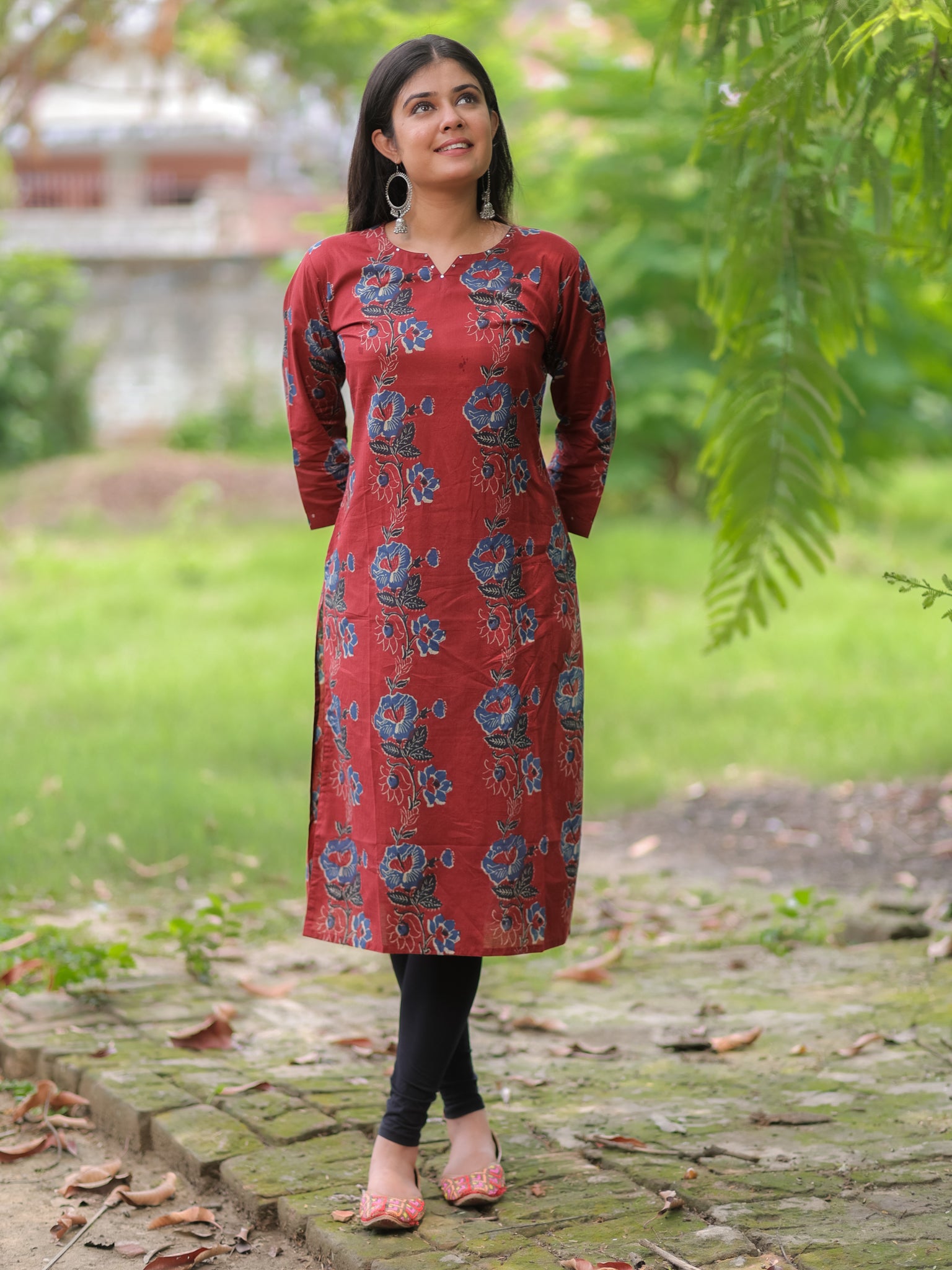 Readymade Floral Print Cotton Kurti- Maroon