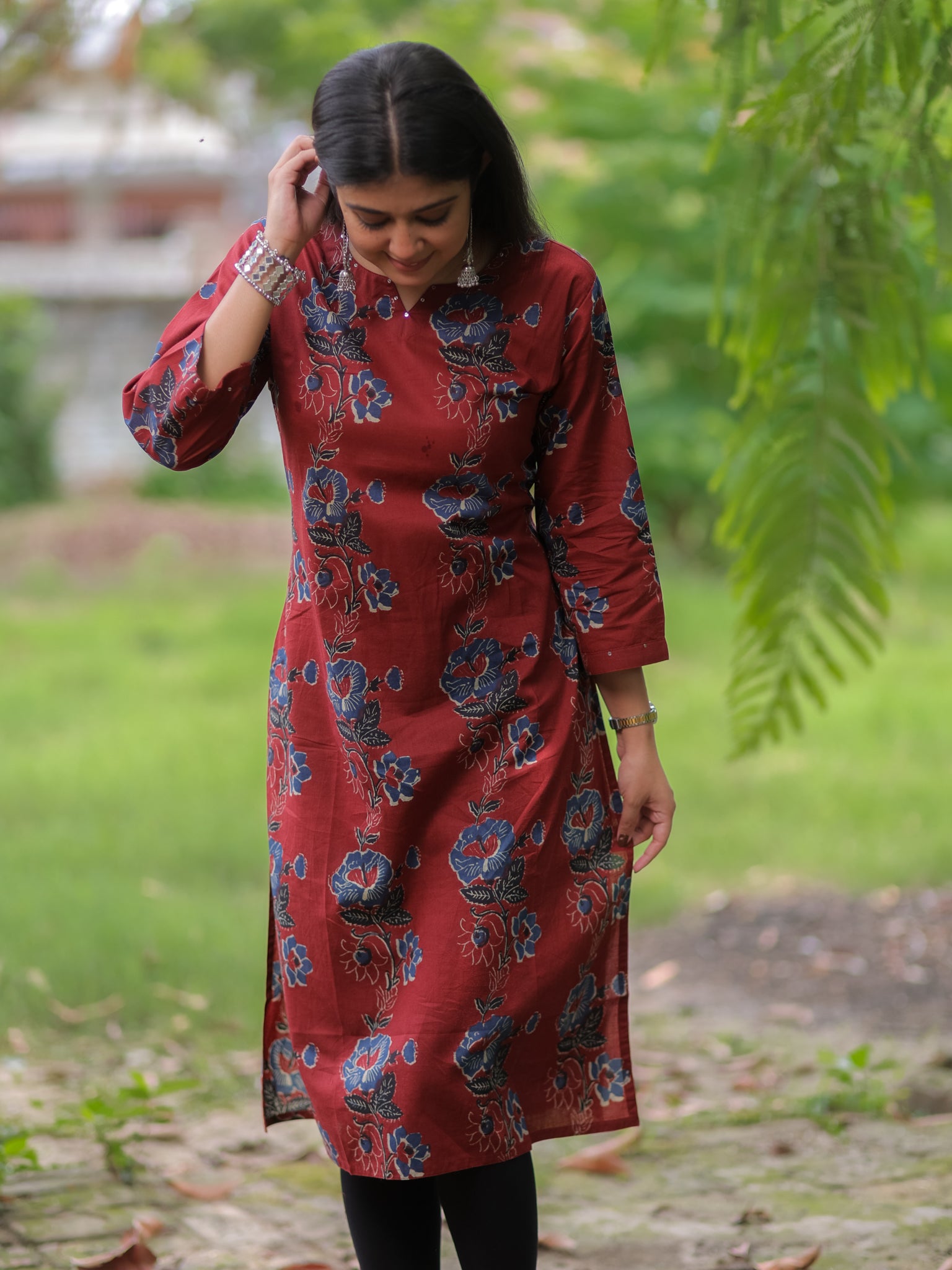 Readymade Floral Print Cotton Kurti- Maroon