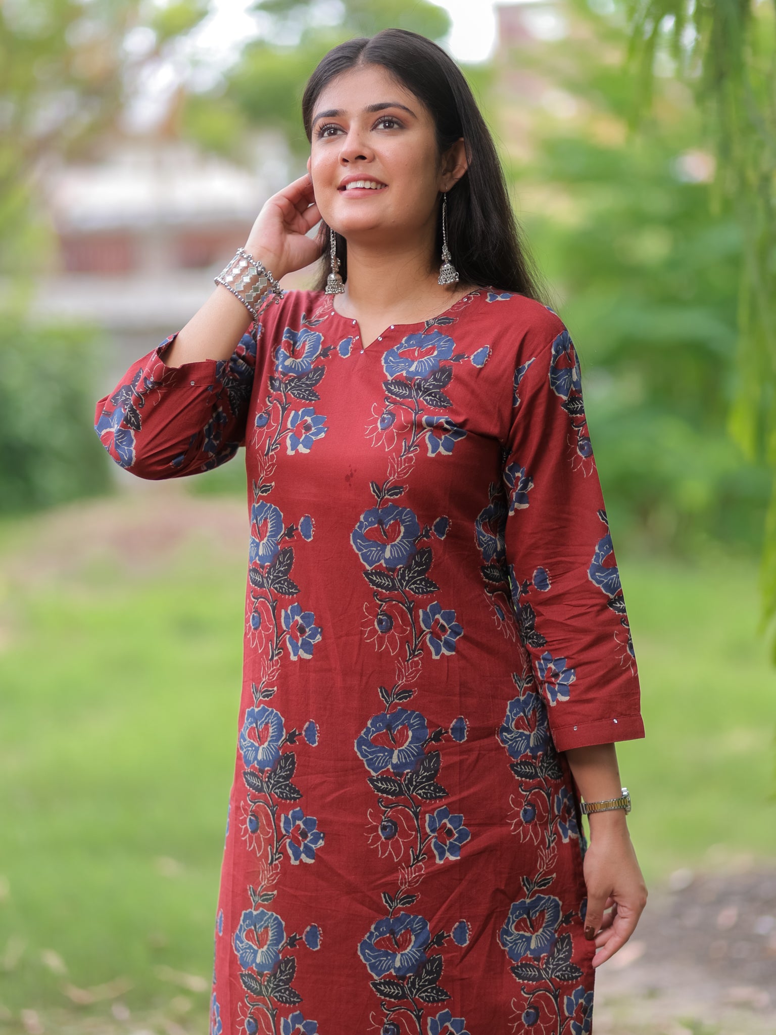 Readymade Floral Print Cotton Kurti- Maroon