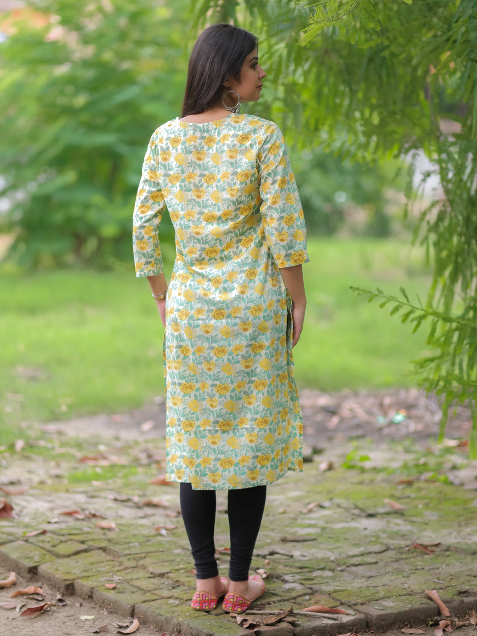 Readymade Floral Print Cotton Kurti- Yellow