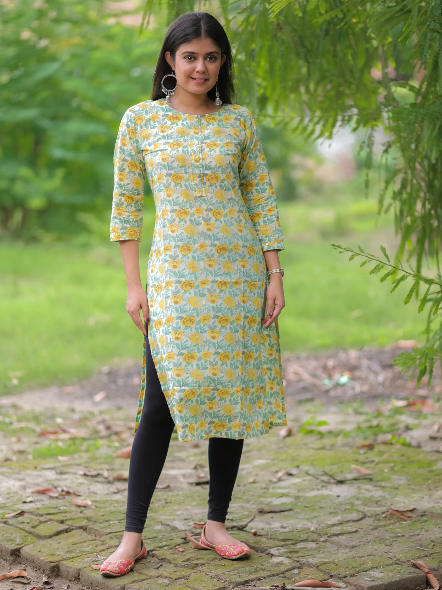 Readymade Floral Print Cotton Kurti- Yellow