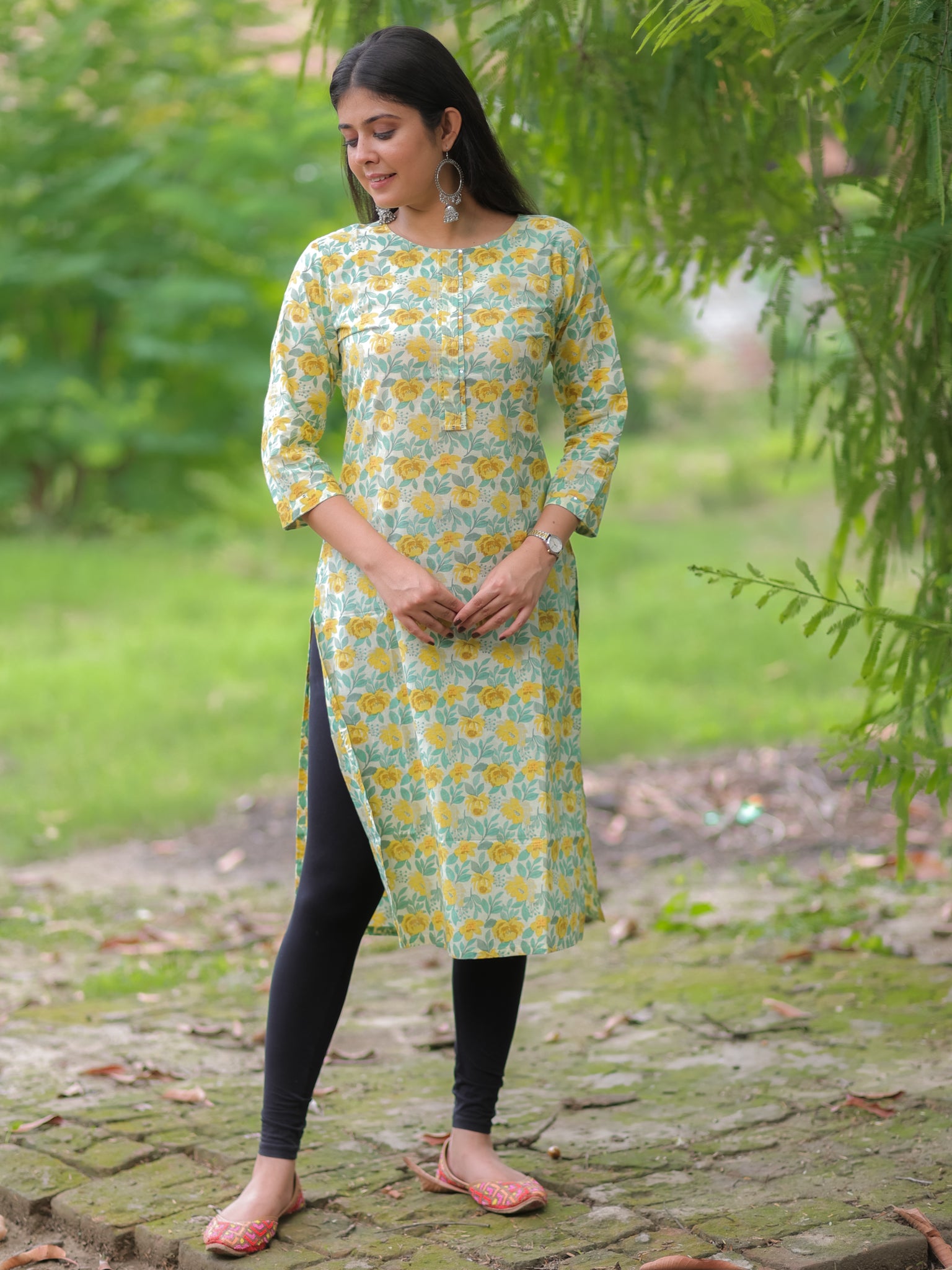 Readymade Floral Print Cotton Kurti- Yellow