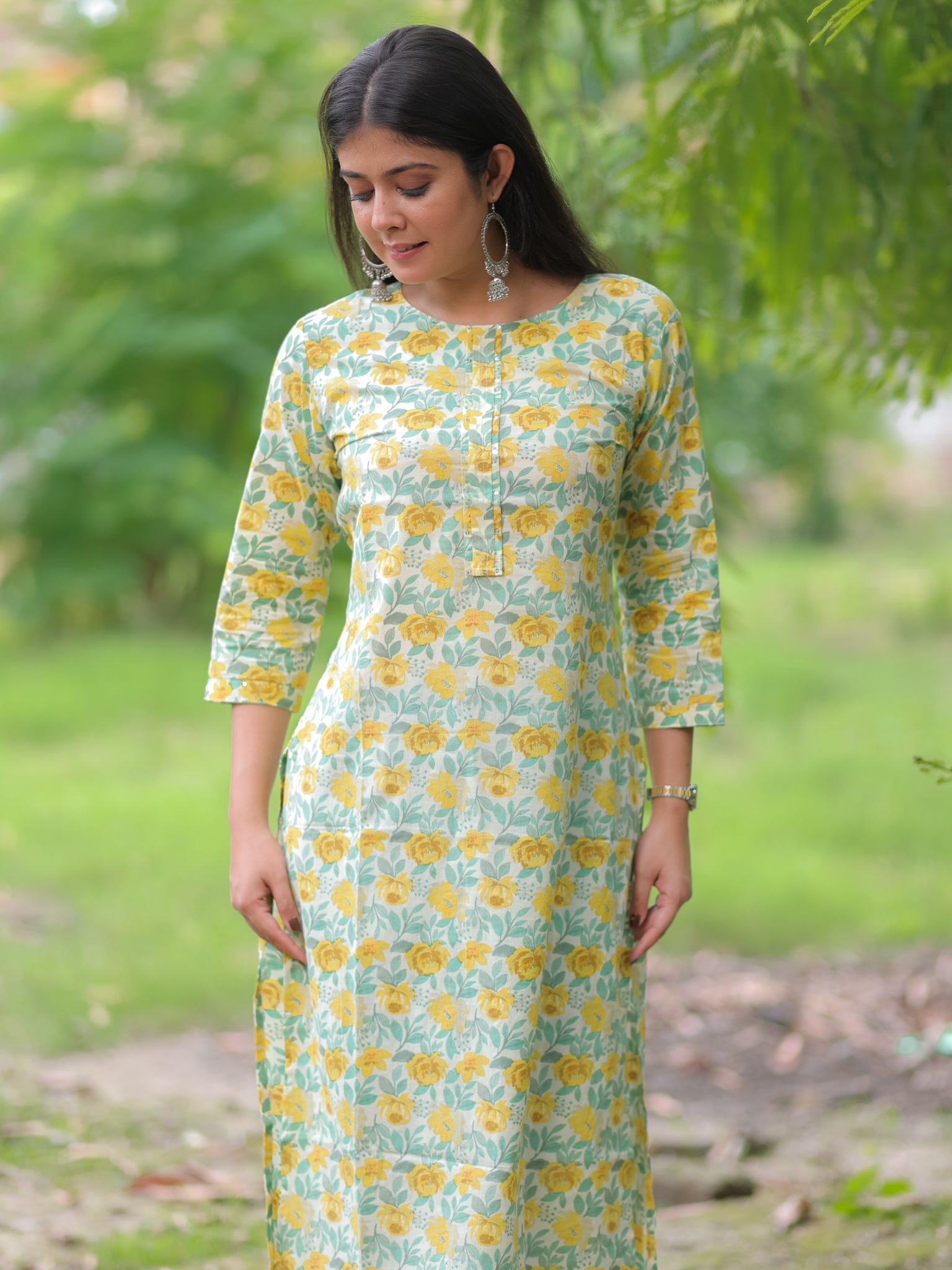 Readymade Floral Print Cotton Kurti- Yellow