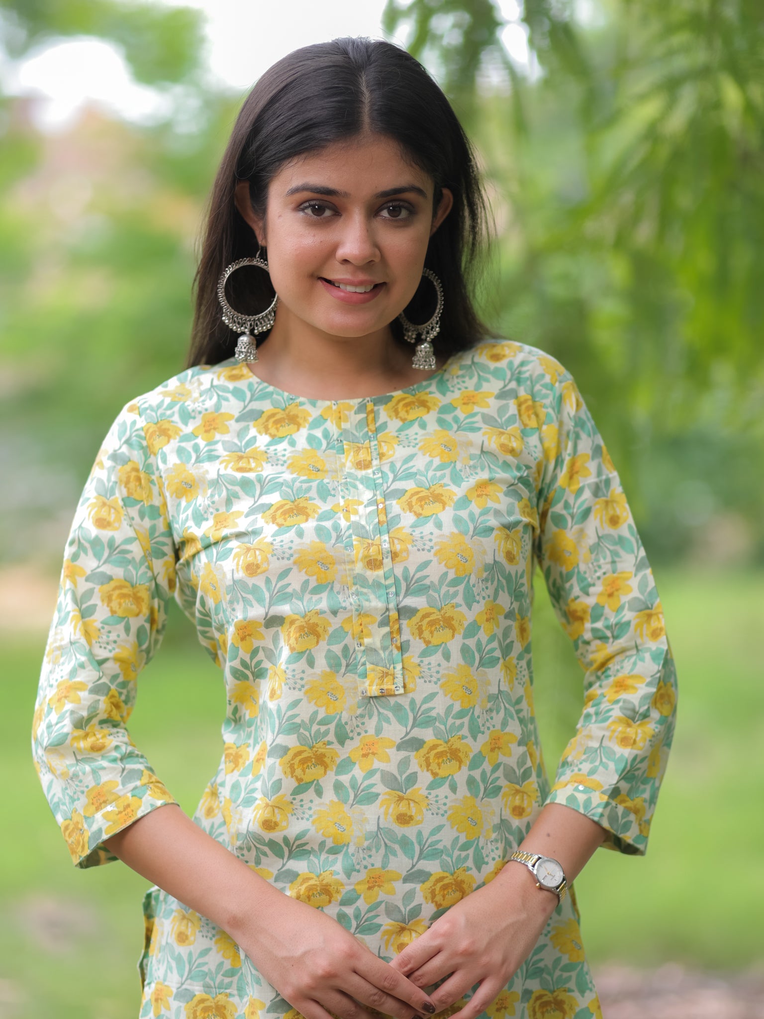 Readymade Floral Print Cotton Kurti- Yellow