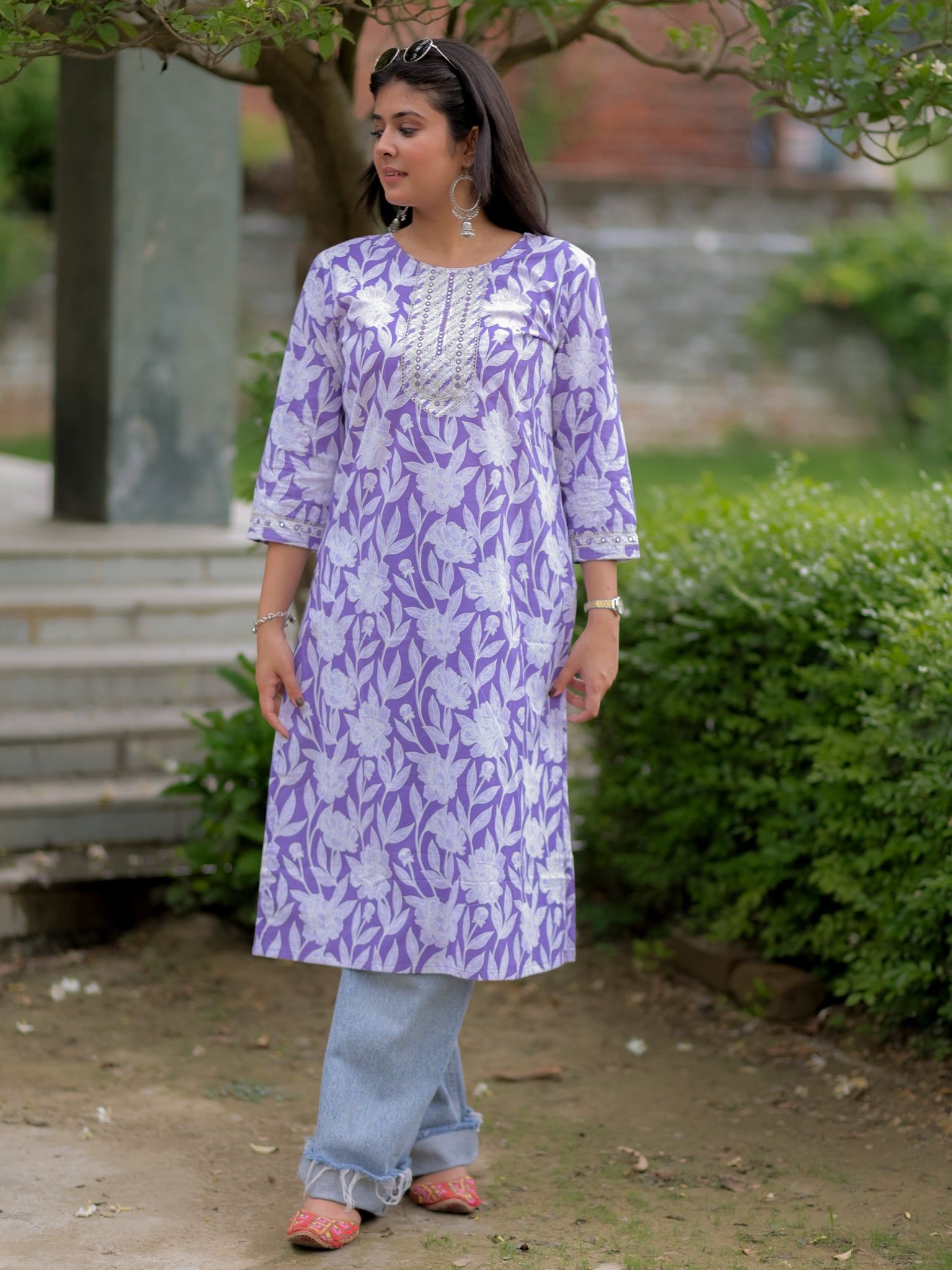 Readymade Floral Print Cotton Kurti- Lavender