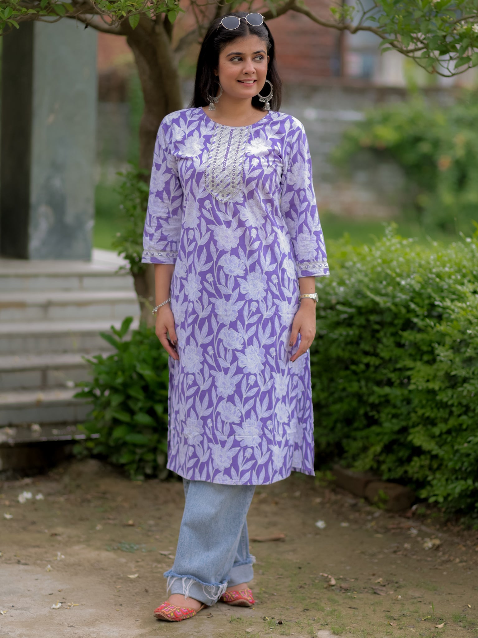 Readymade Floral Print Cotton Kurti- Lavender