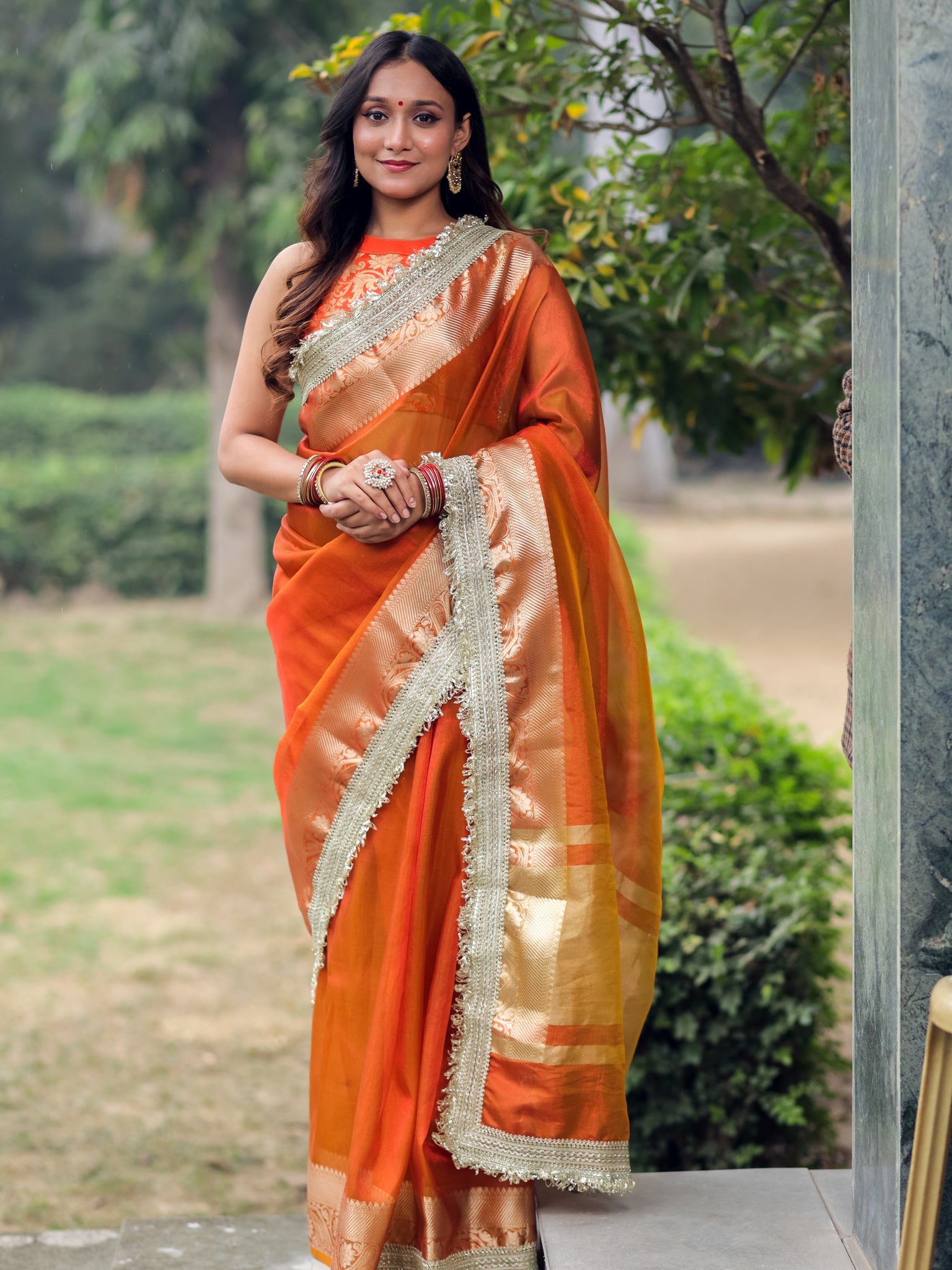 Banarasi Tissue Saree With Silver Zari Border & Lace - Orange