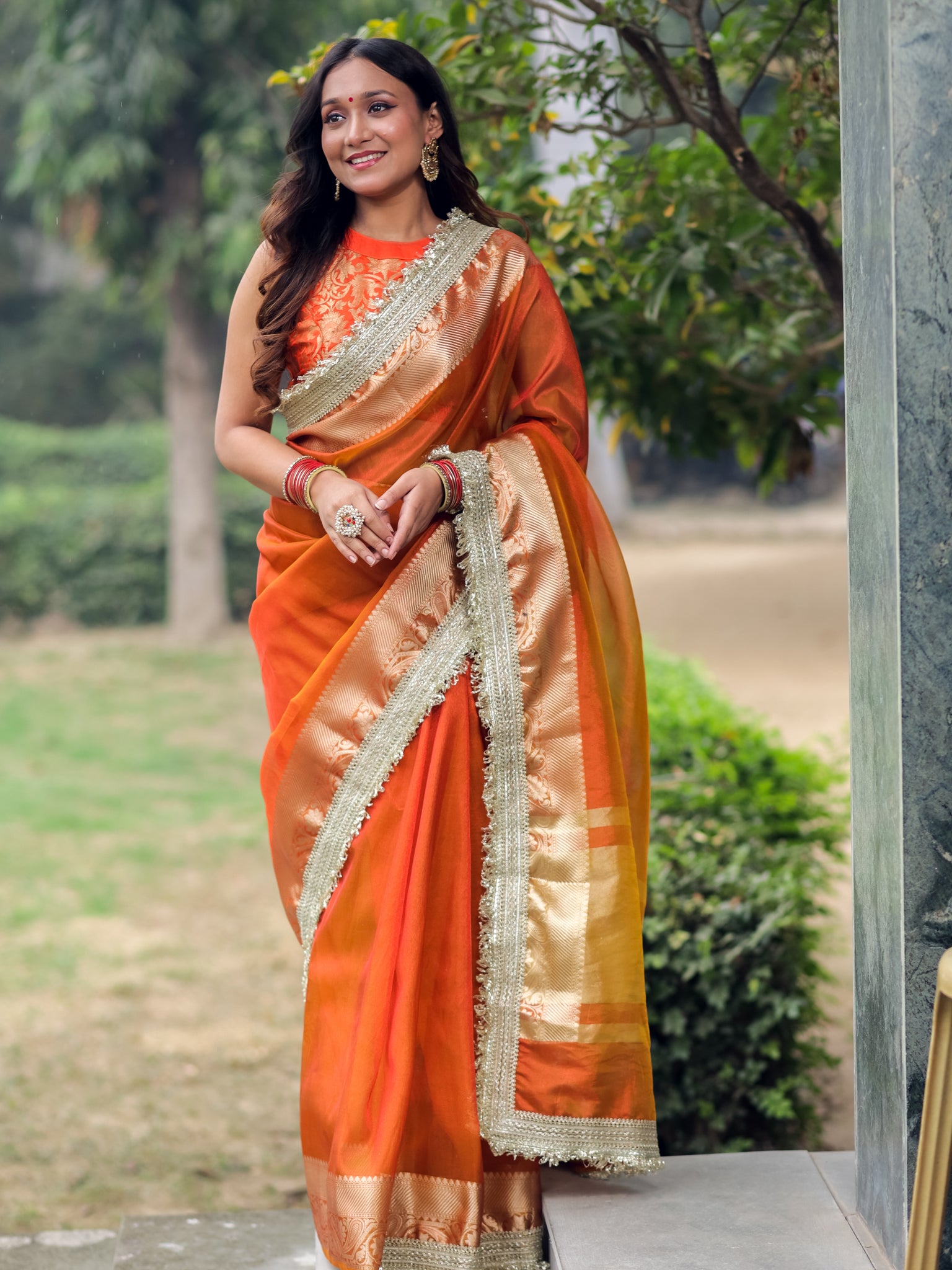 Banarasi Tissue Saree With Silver Zari Border & Lace - Orange