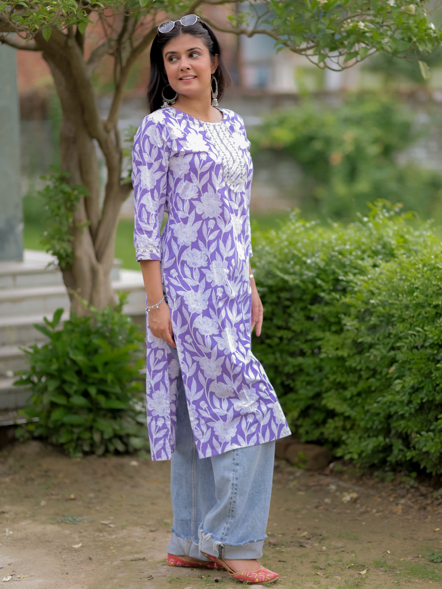 Readymade Floral Print Cotton Kurti- Lavender