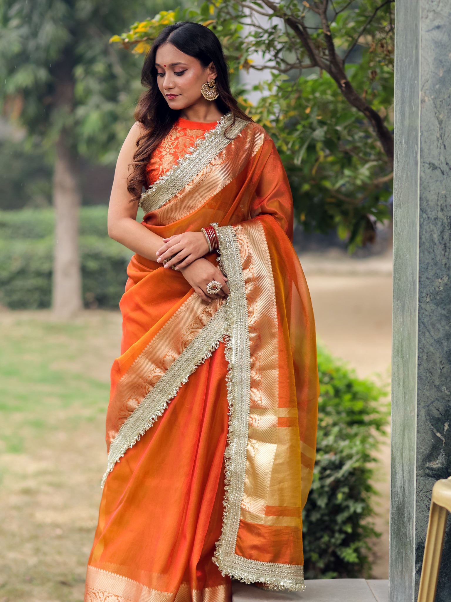Banarasi Tissue Saree With Silver Zari Border & Lace - Orange