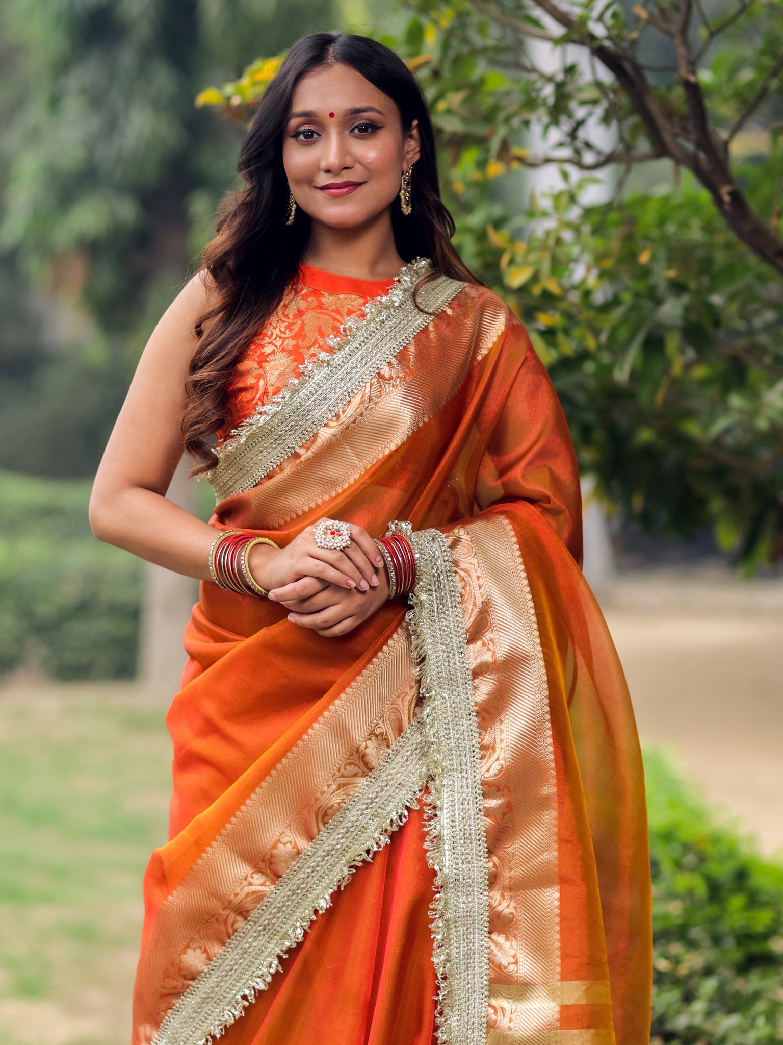 Banarasi Tissue Saree With Silver Zari Border & Lace - Orange
