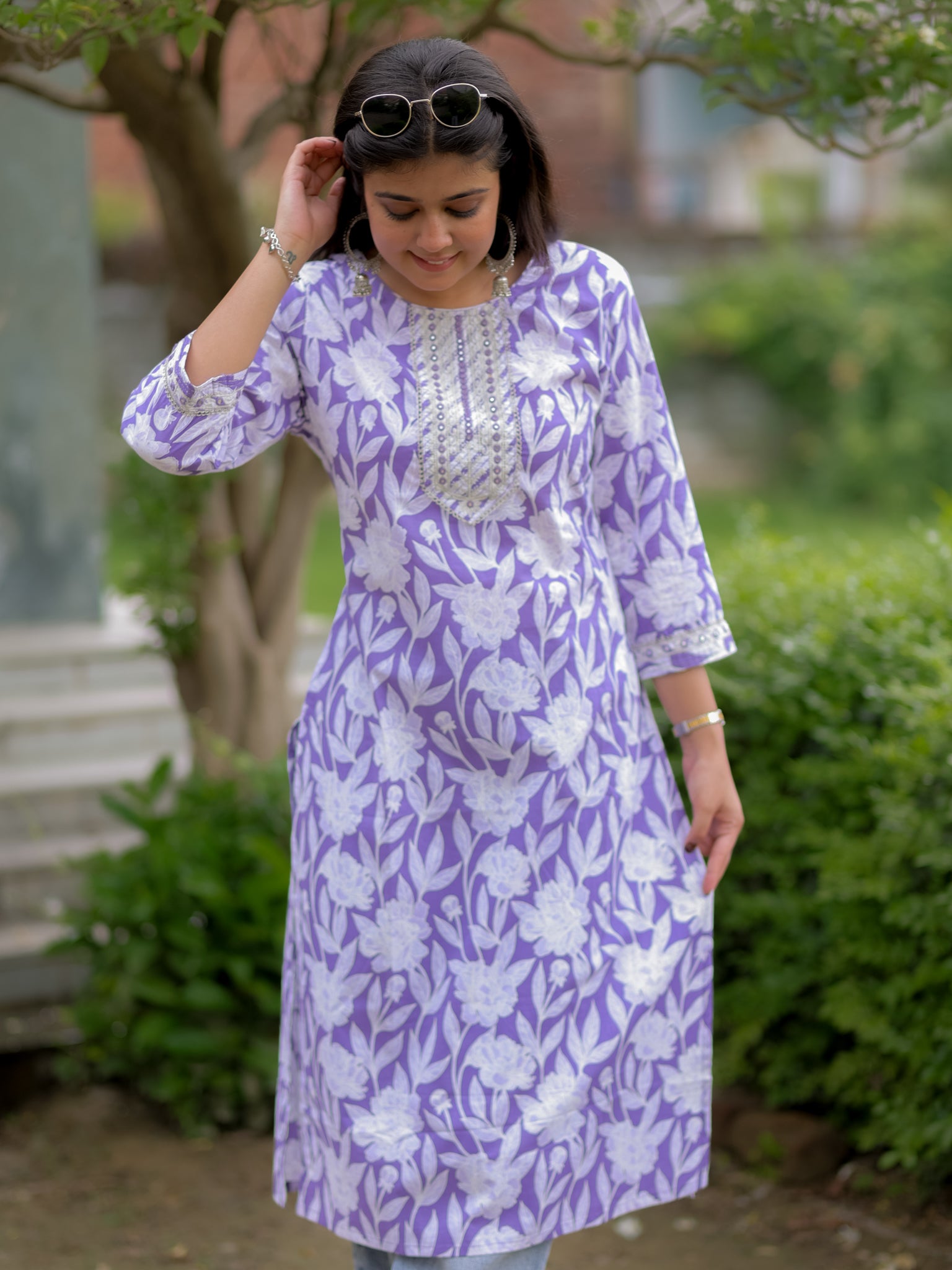 Readymade Floral Print Cotton Kurti- Lavender