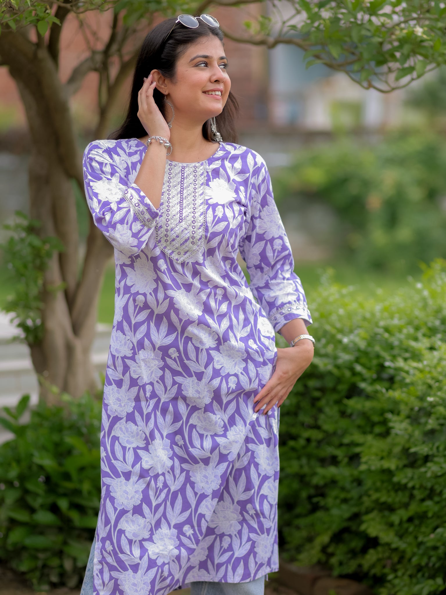 Readymade Floral Print Cotton Kurti- Lavender