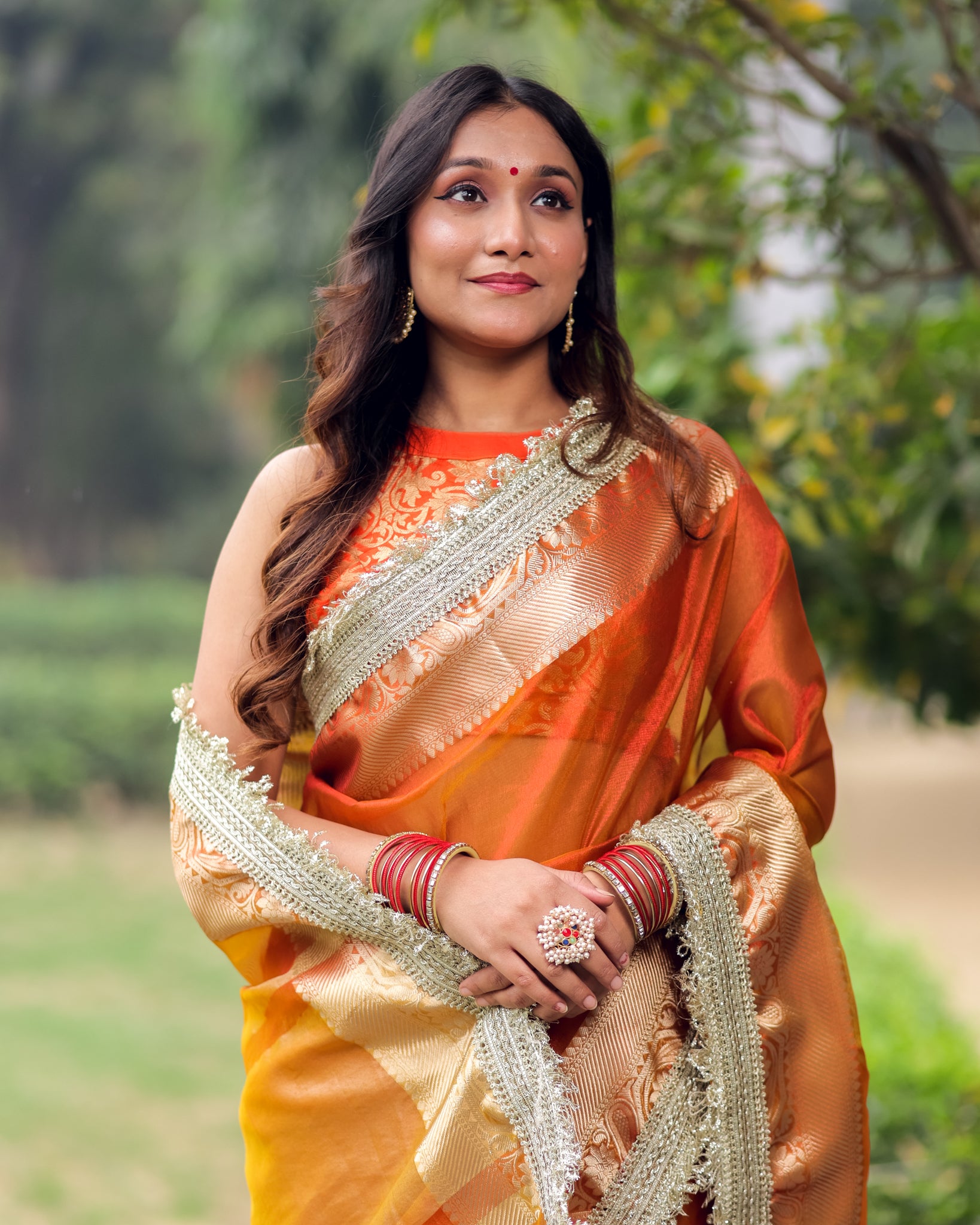 Banarasi Tissue Saree With Silver Zari Border & Lace - Orange