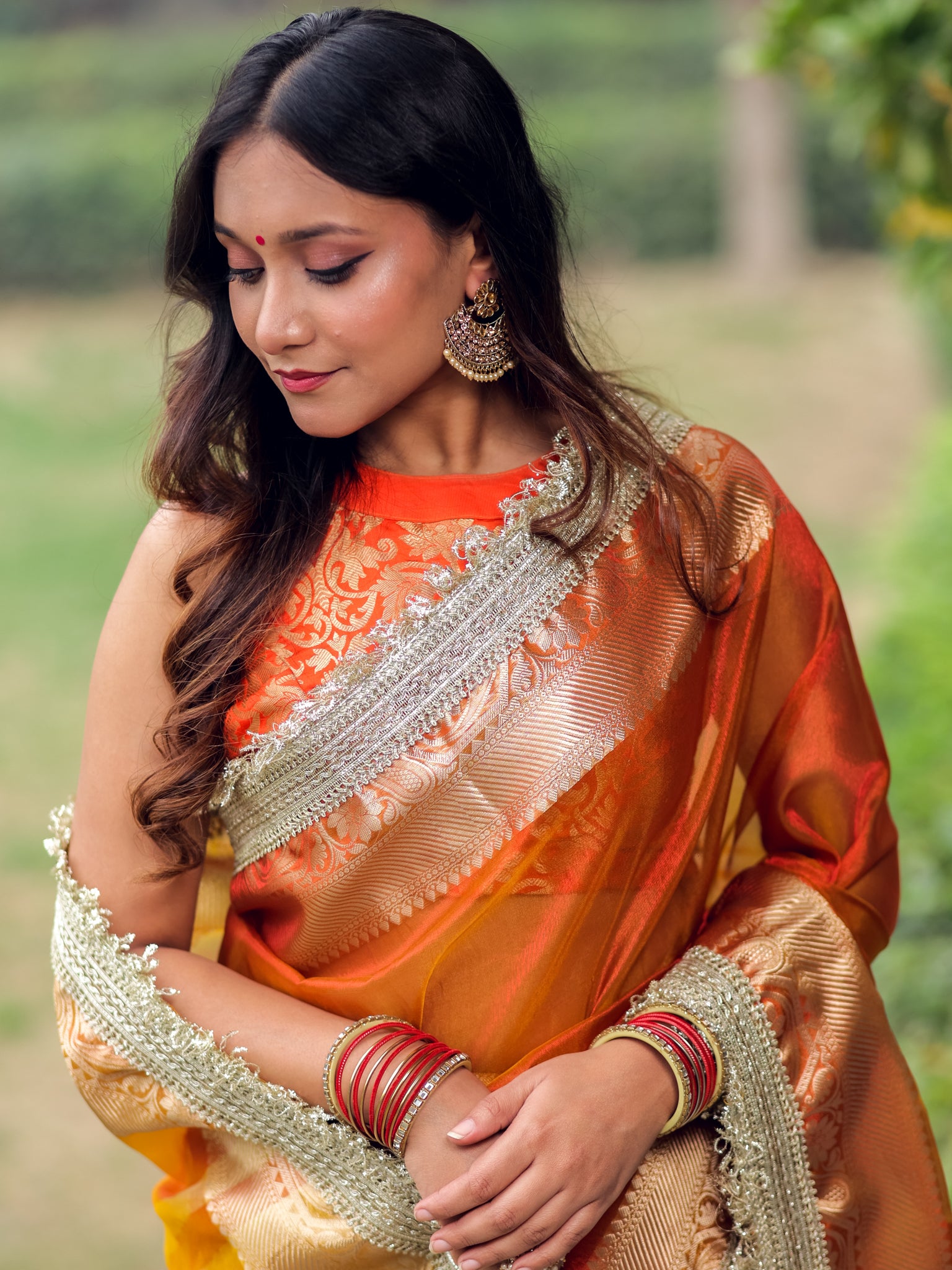 Banarasi Tissue Saree With Silver Zari Border & Lace - Orange