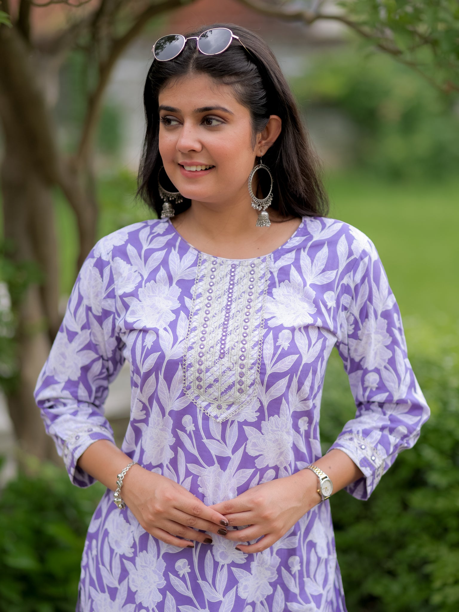 Readymade Floral Print Cotton Kurti- Lavender