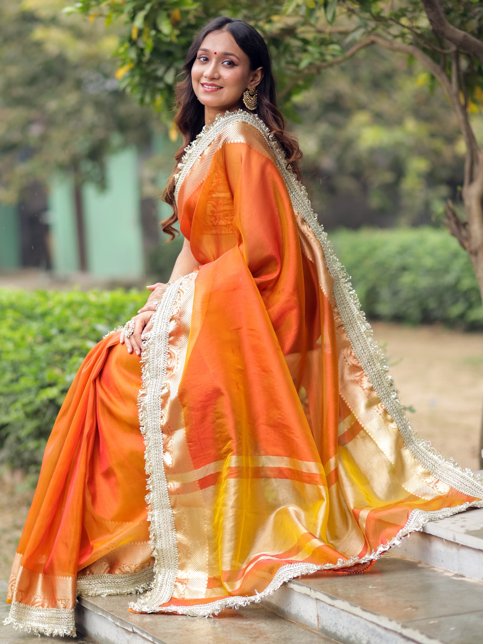 Banarasi Tissue Saree With Silver Zari Border & Lace - Orange