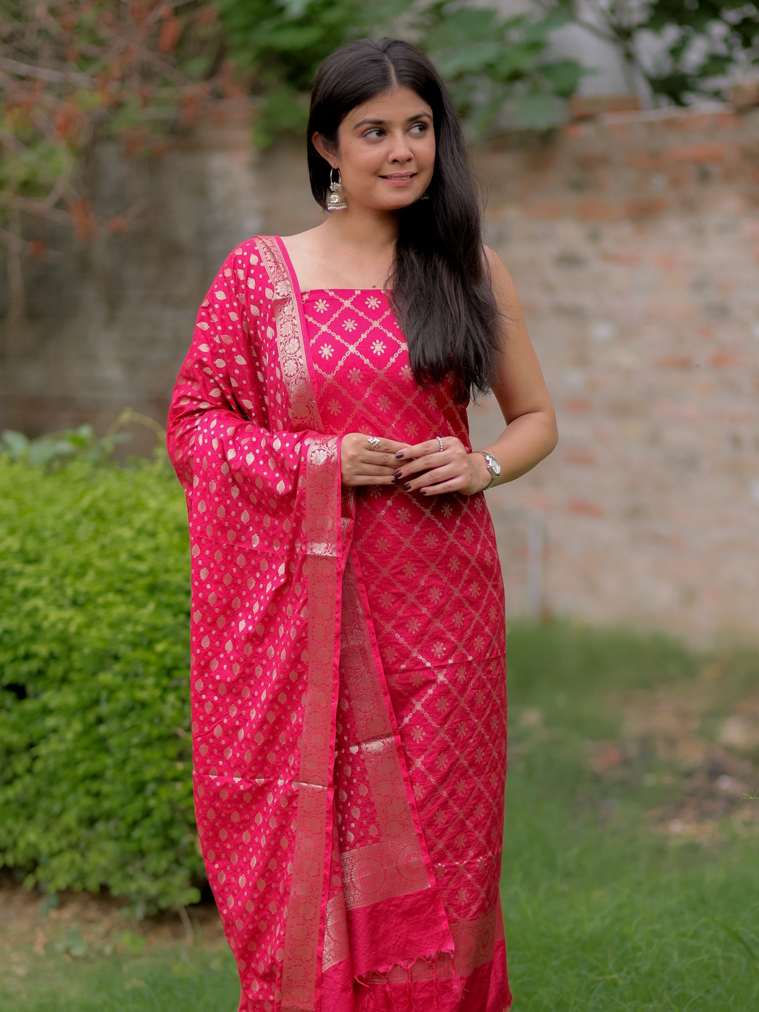 Banarasi Semi Katan Salwar Kameez Fabric With Dupatta- Red