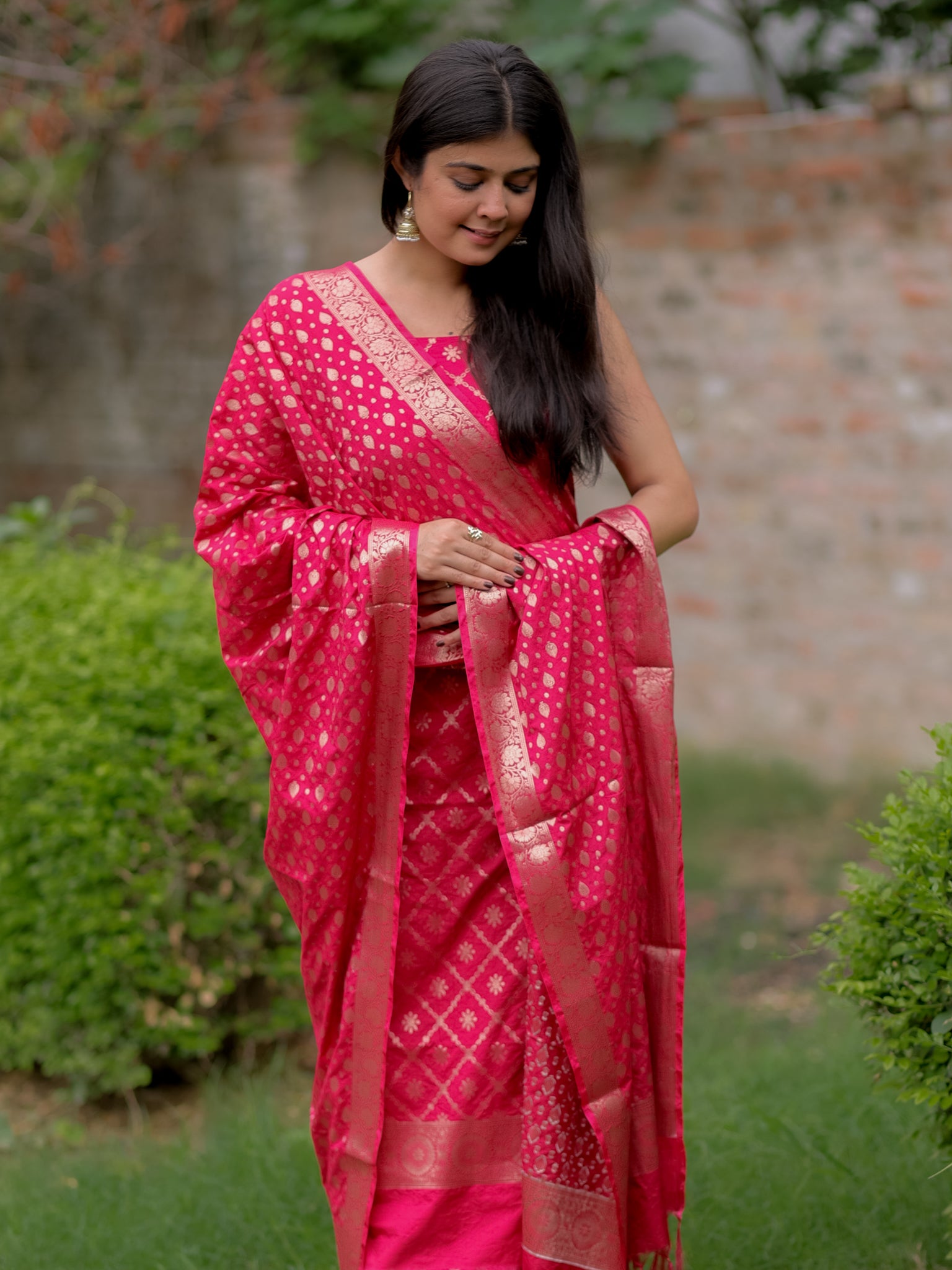 Banarasi Semi Katan Salwar Kameez Fabric With Dupatta- Red