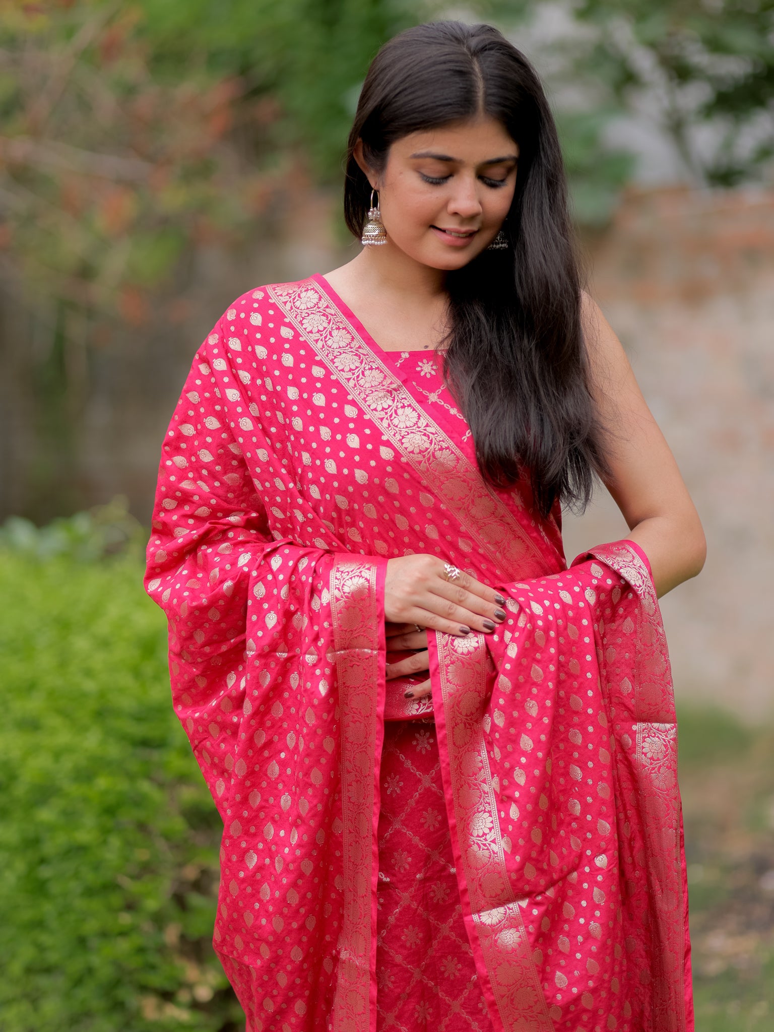 Banarasi Semi Katan Salwar Kameez Fabric With Dupatta- Red