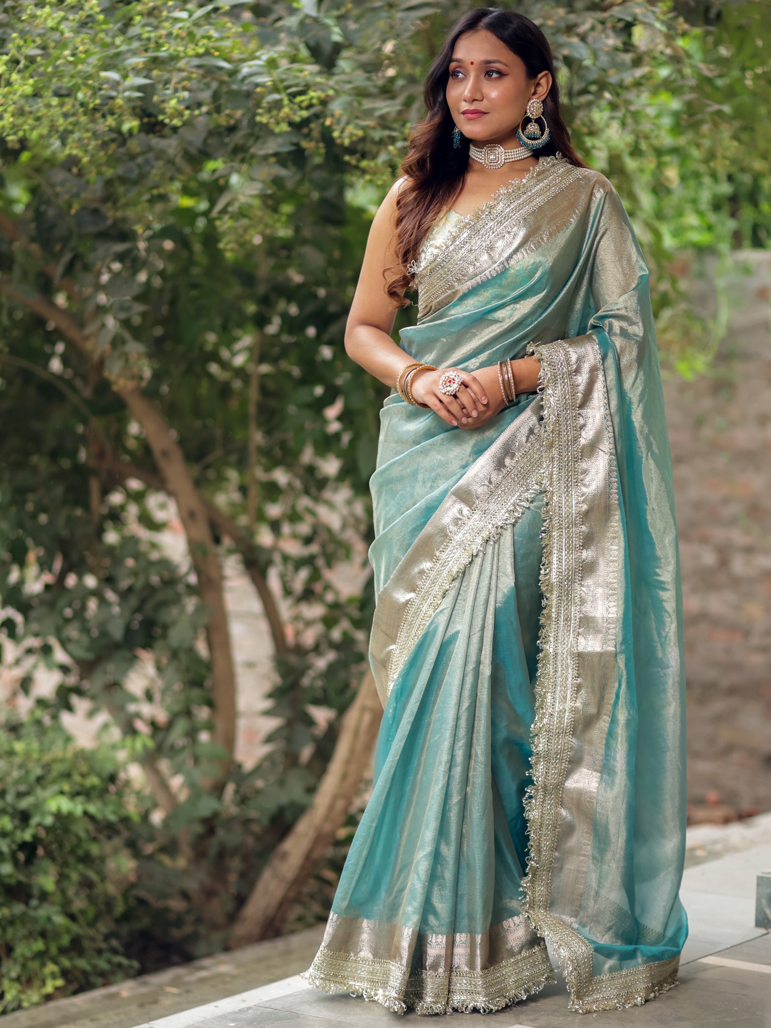 Banarasi Tissue Saree With Silver Zari Border & Lace-Pastel Blue