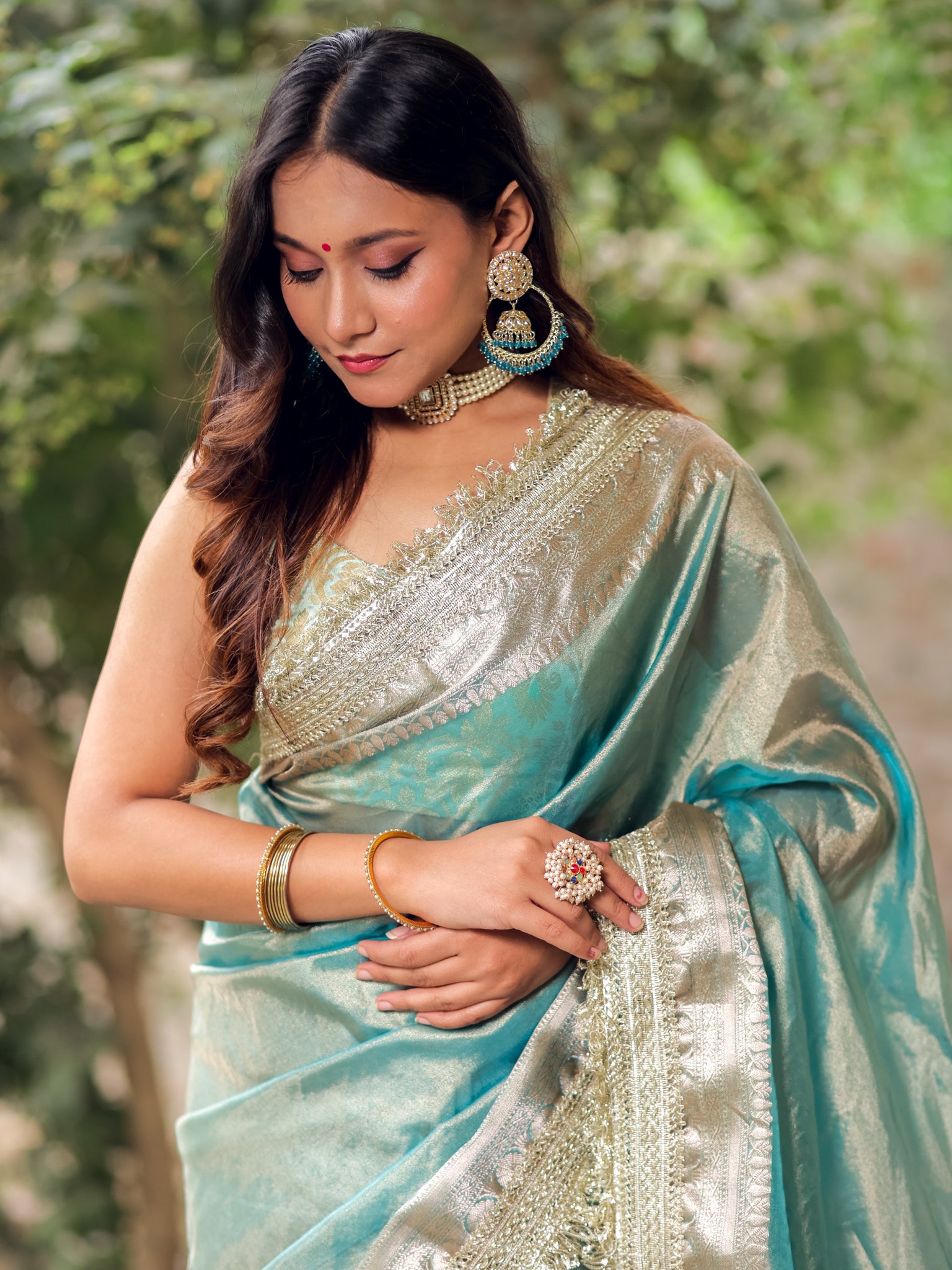 Banarasi Tissue Saree With Silver Zari Border & Lace-Pastel Blue