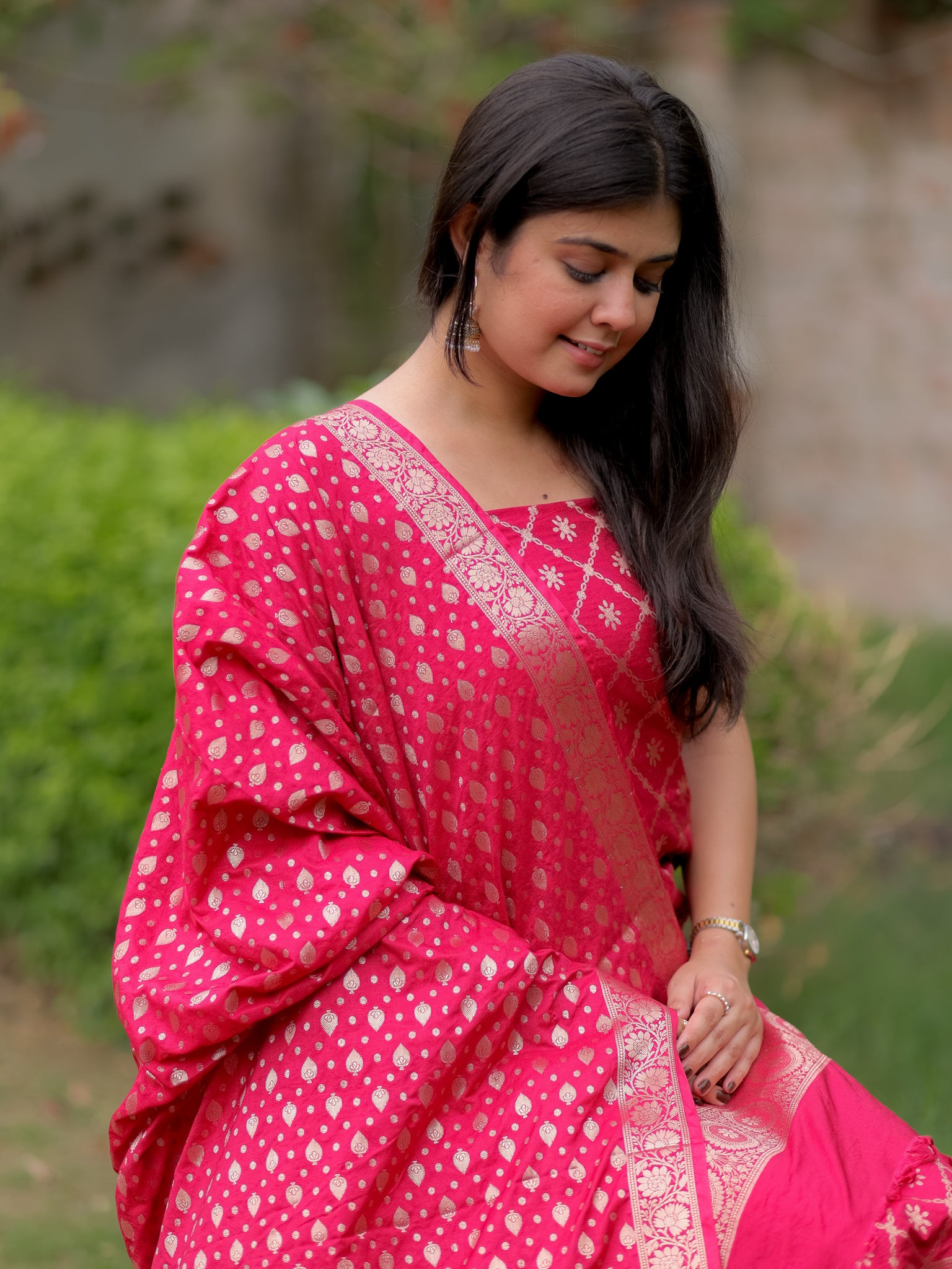 Banarasi Semi Katan Salwar Kameez Fabric With Dupatta- Red