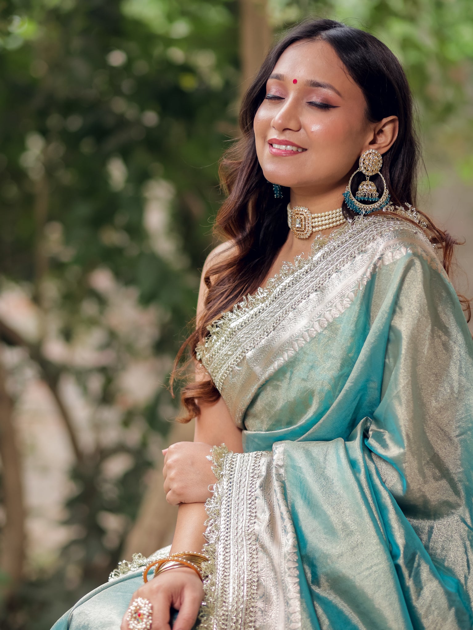 Banarasi Tissue Saree With Silver Zari Border & Lace-Pastel Blue