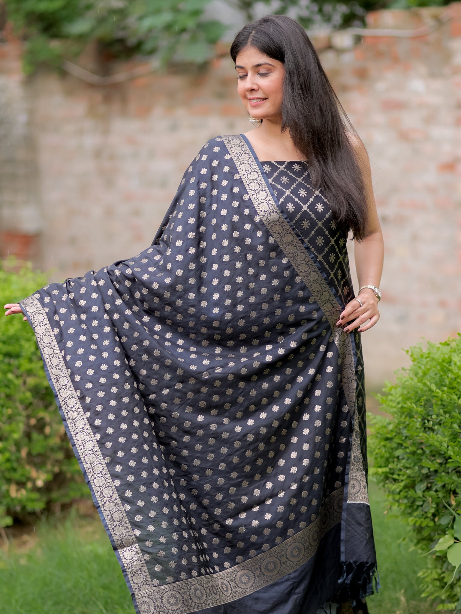 Banarasi Semi Katan Salwar Kameez Fabric With Dupatta- Black